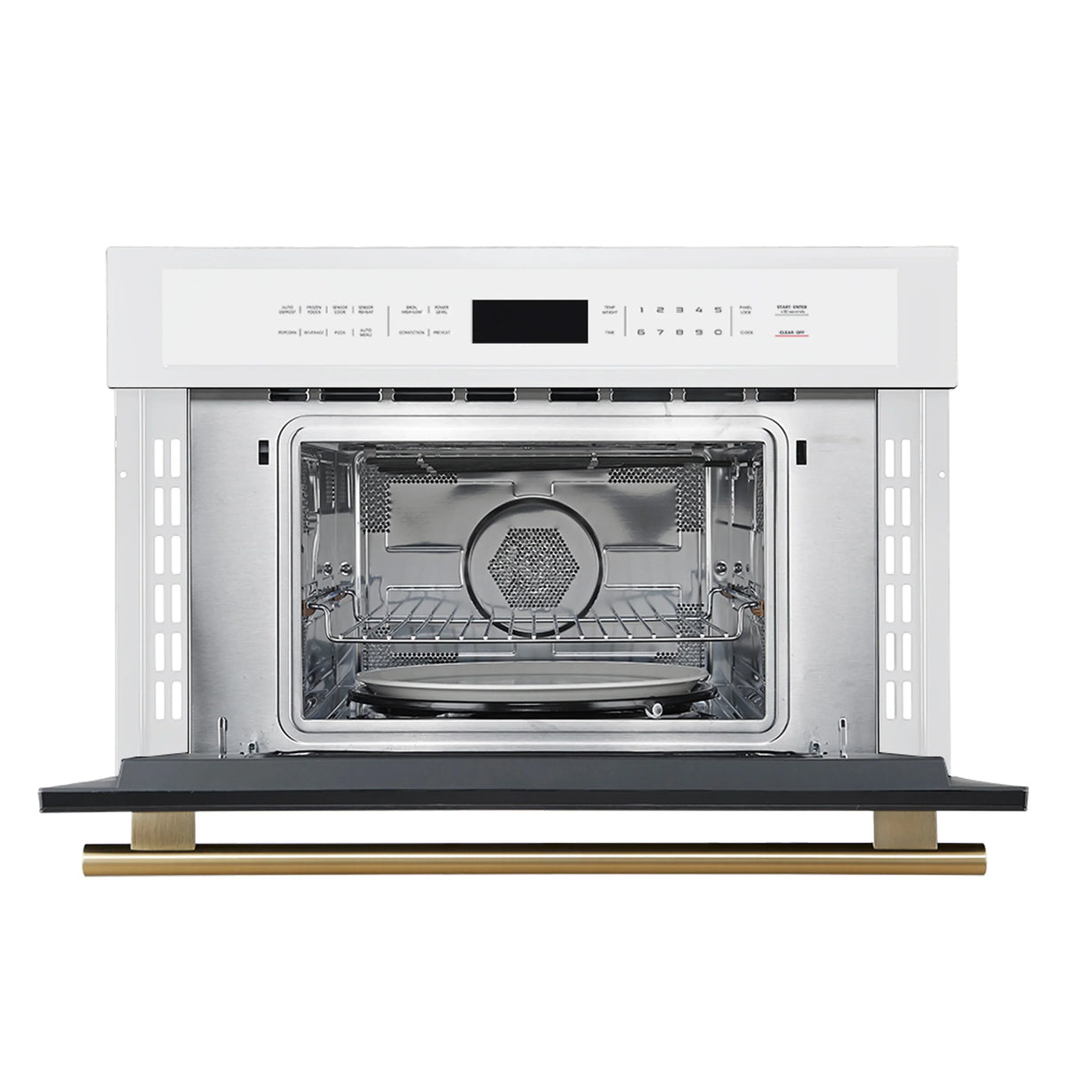 Microwave oven with open door showing stainless interior cavity