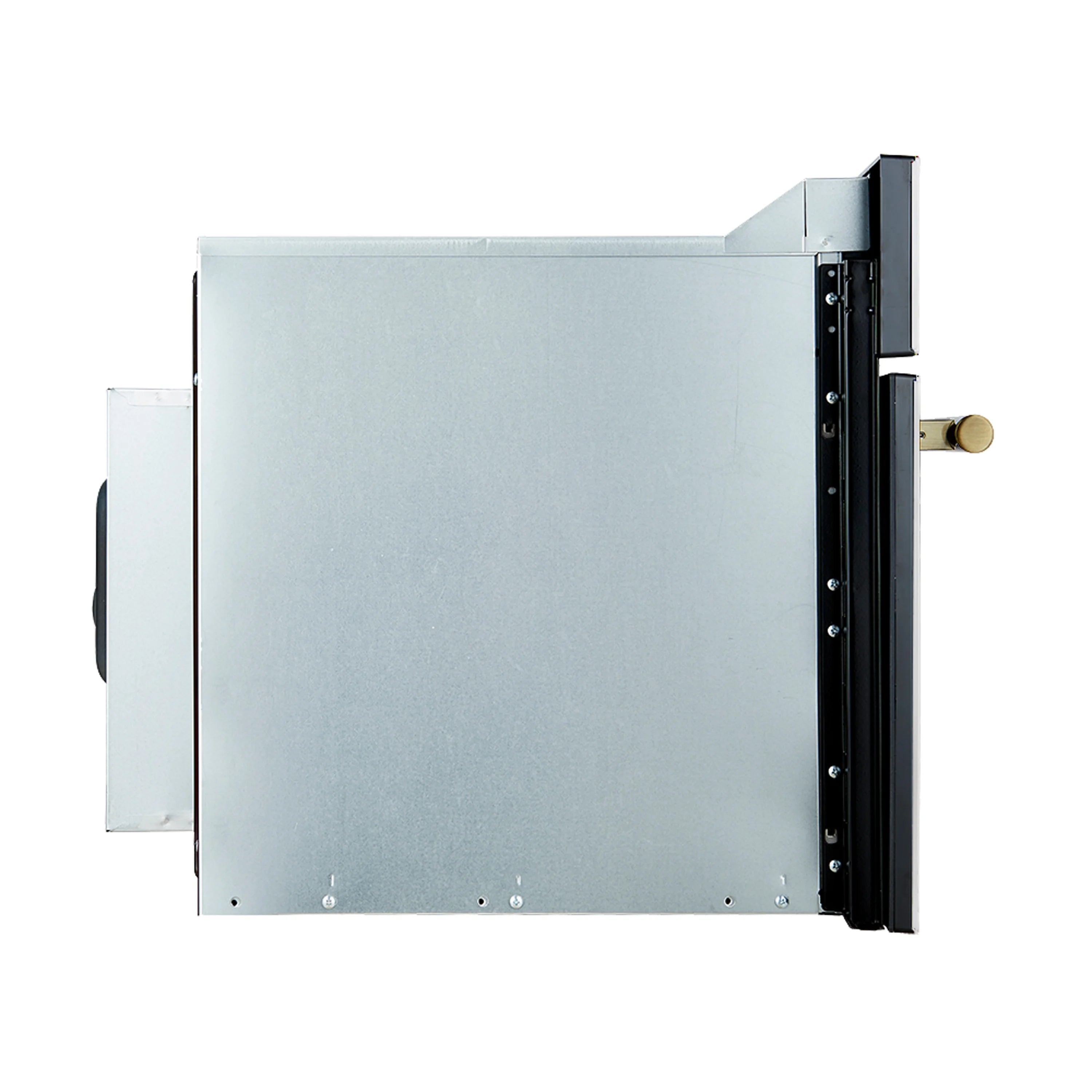 White refrigerator with open door side panel and dark door frame