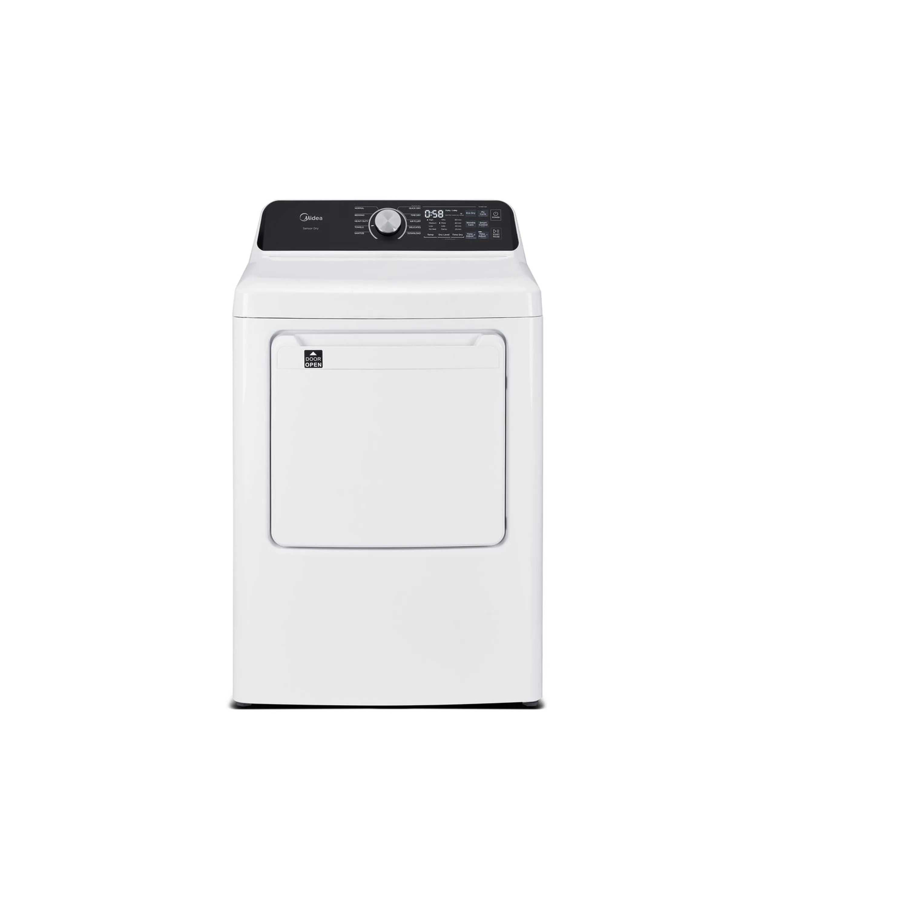 White electric clothes dryer front view with closed door