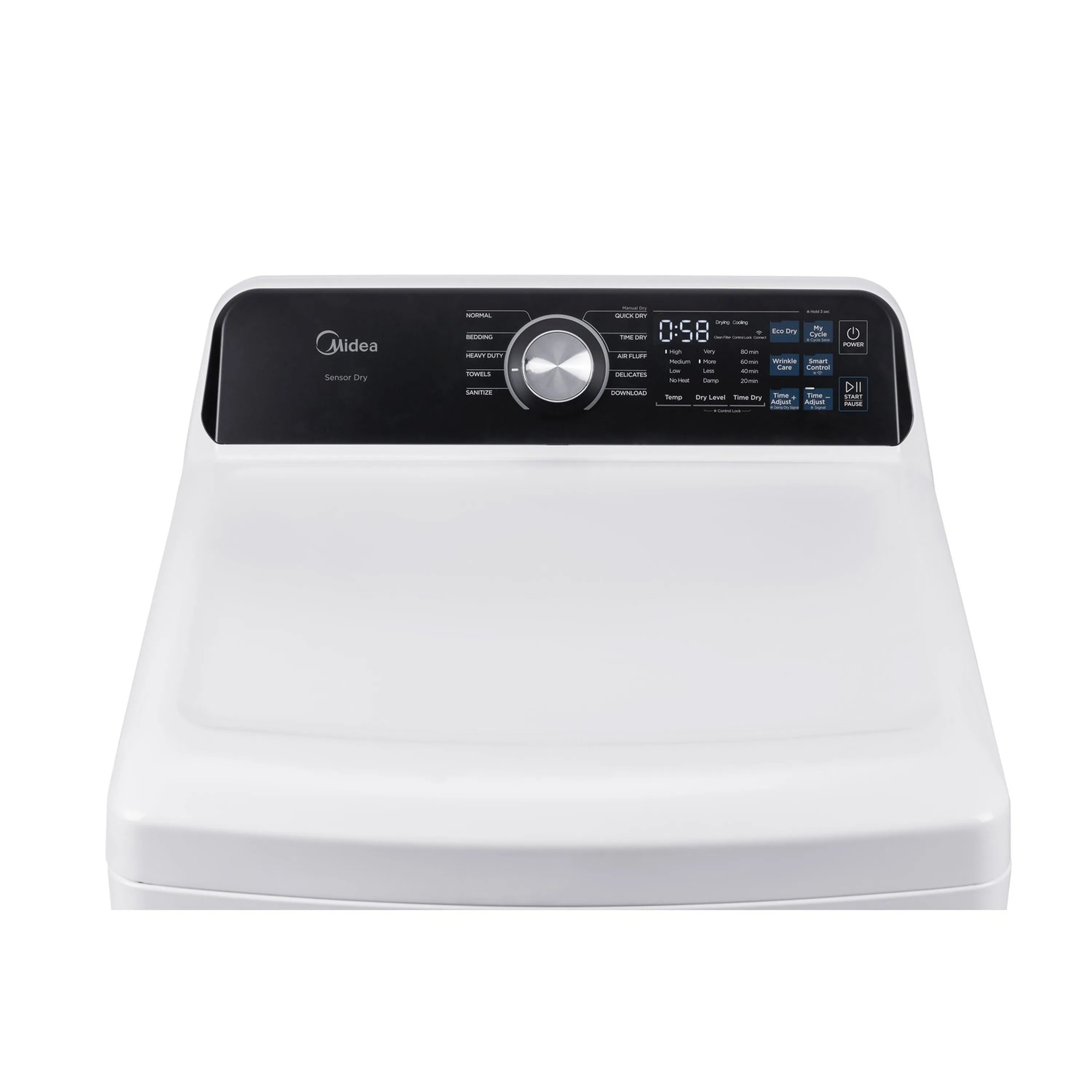 White electric clothes dryer top control panel with knob and digital display