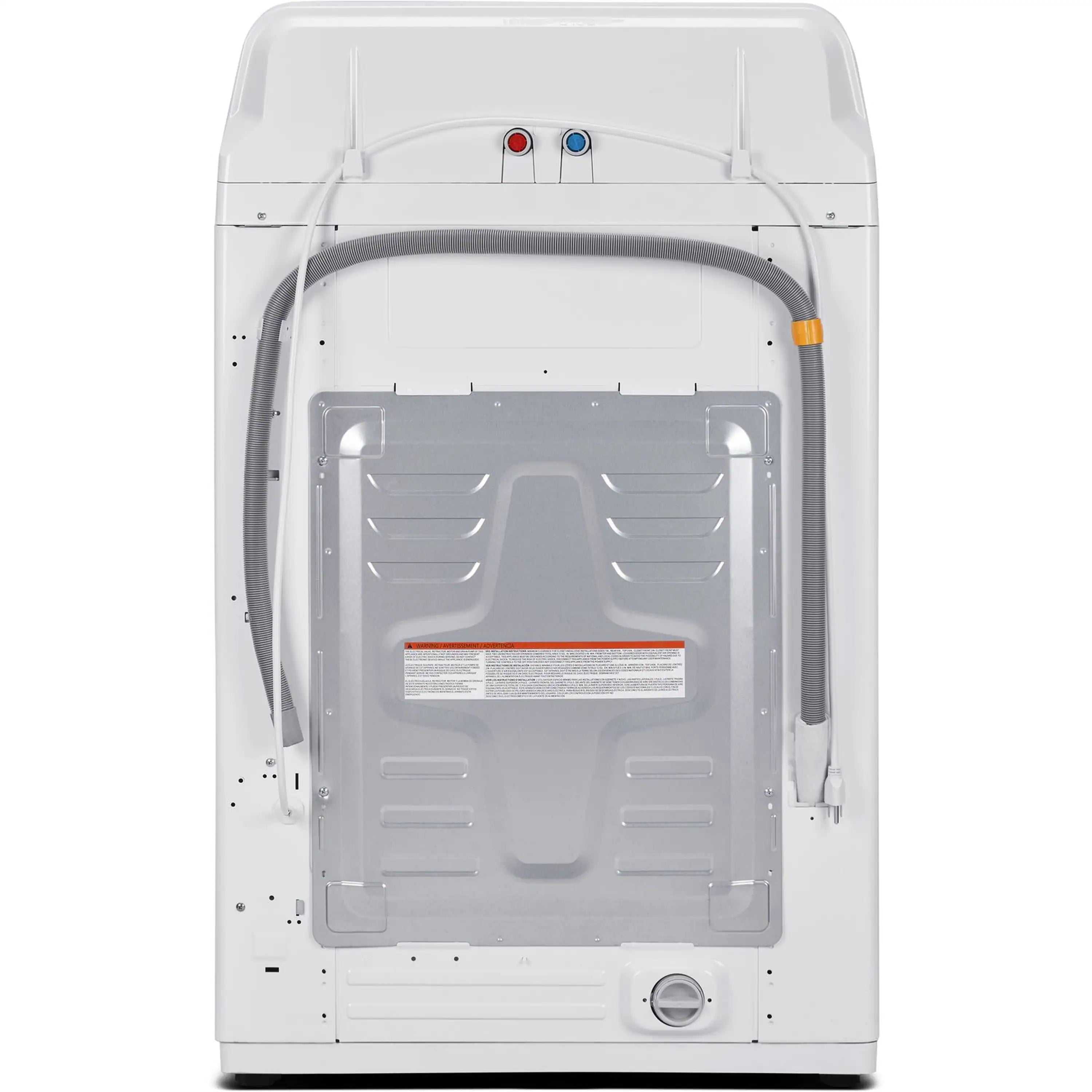 Open-door view of white top-load washer showing interior tub and impeller