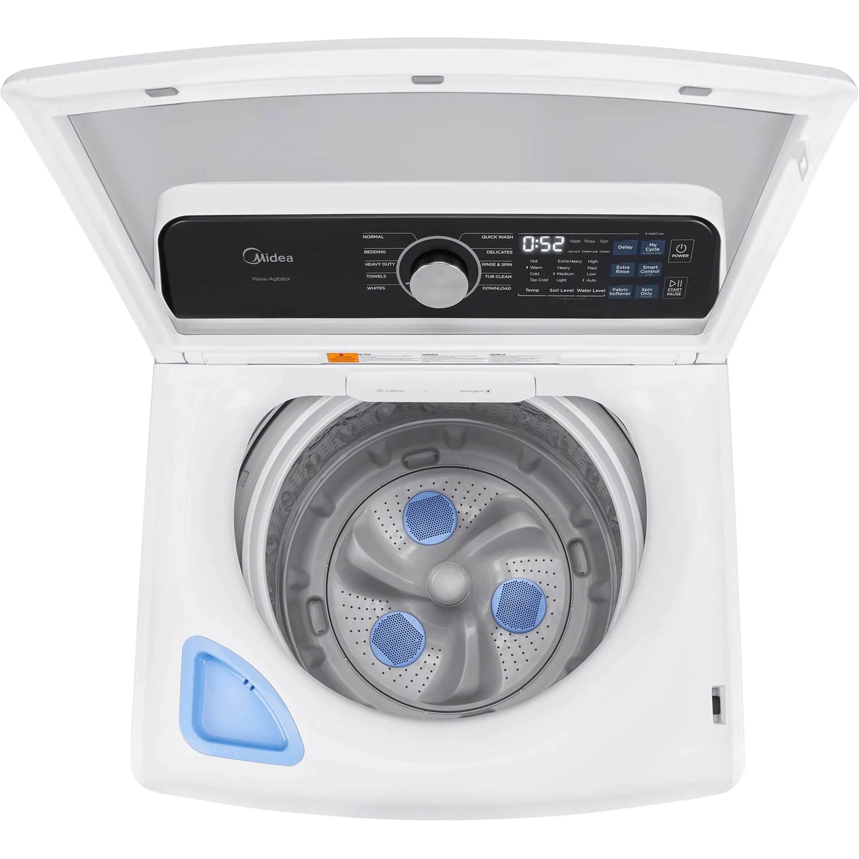White Midea top-load washer with impeller and stainless steel wash tub