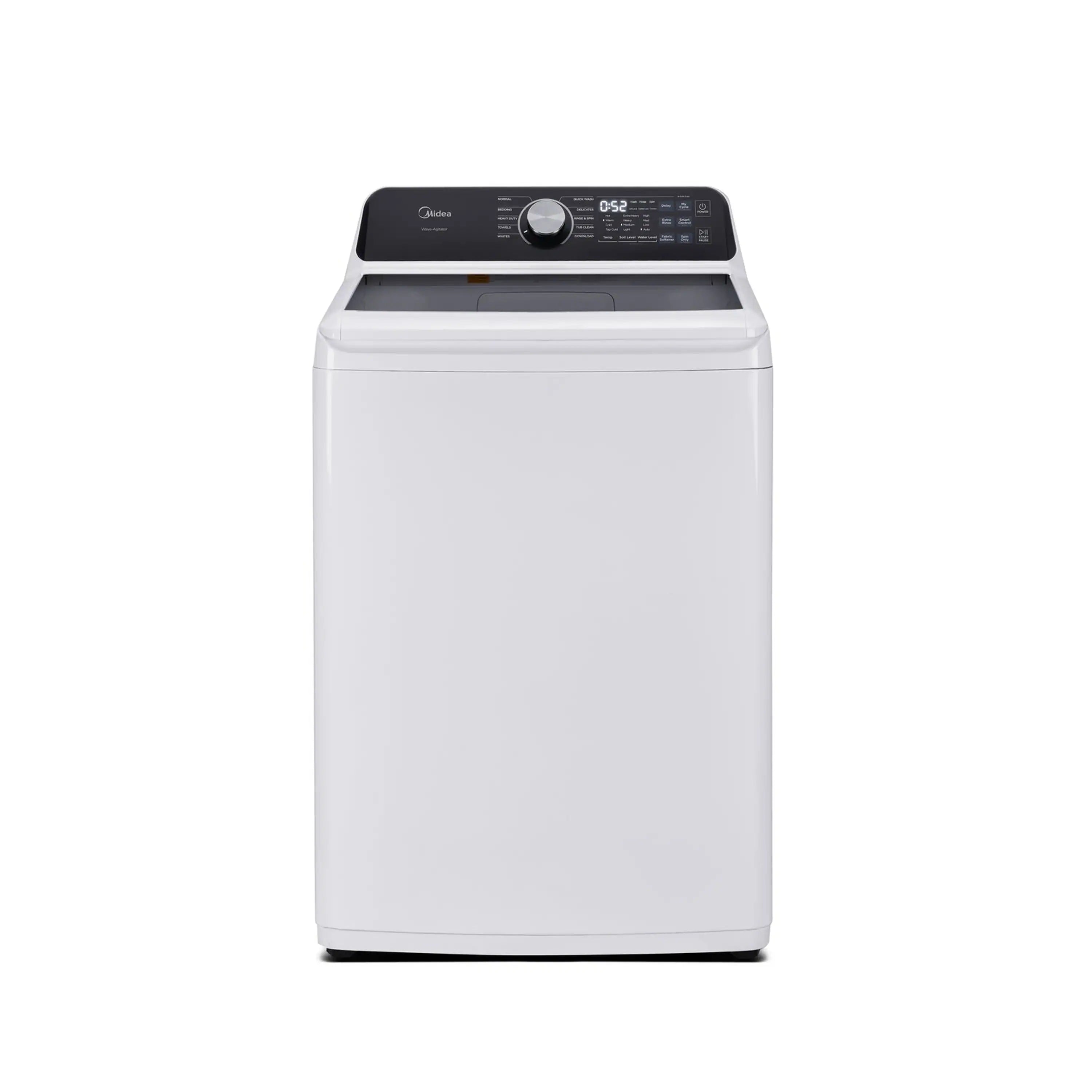 White Midea top-load washer with black control panel and central dial