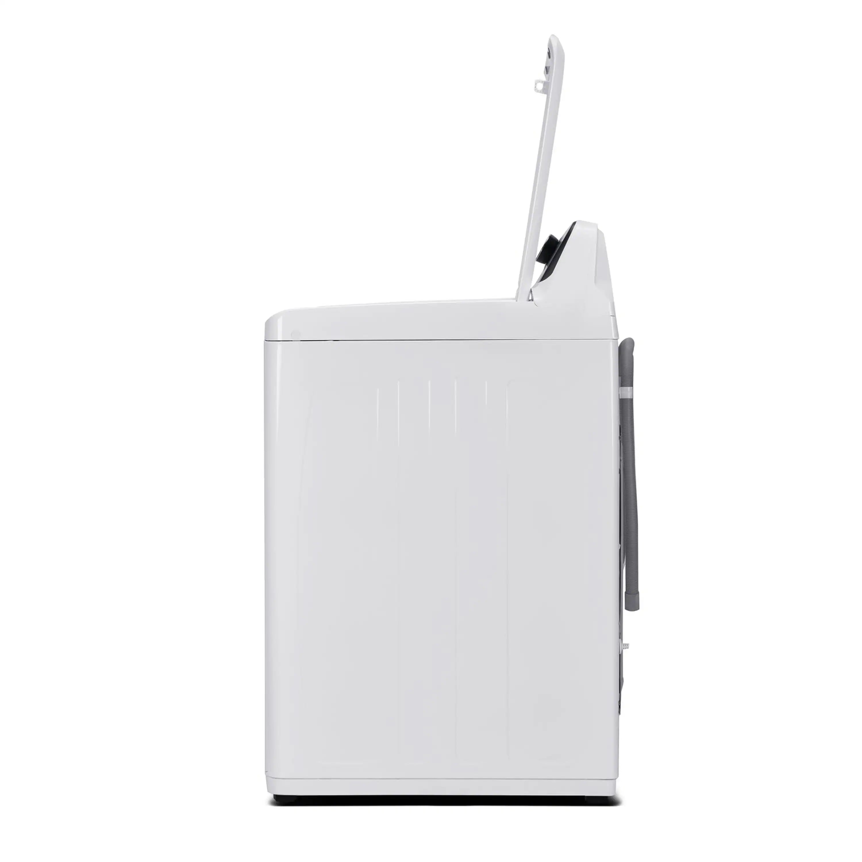 White top-load washer with raised lid and visible side control area