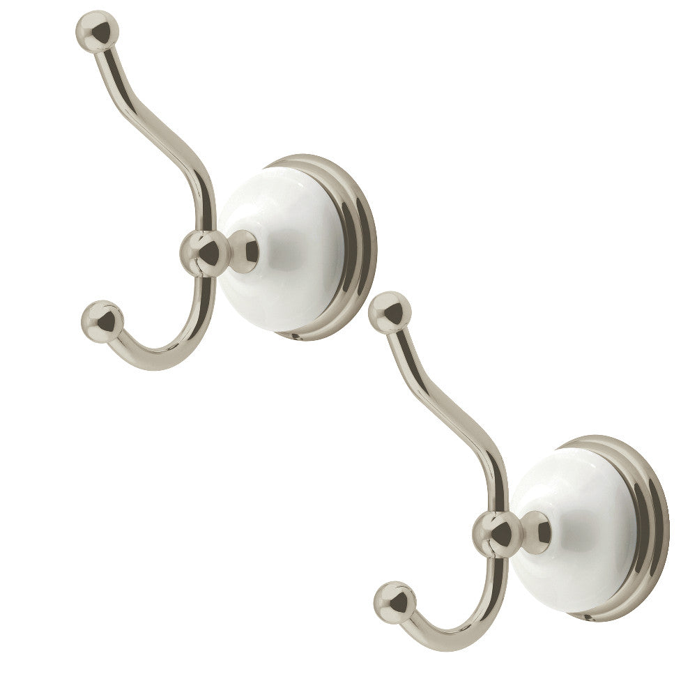 Brushed nickel Victorian 2-piece robe hook with two swing arms and round bases