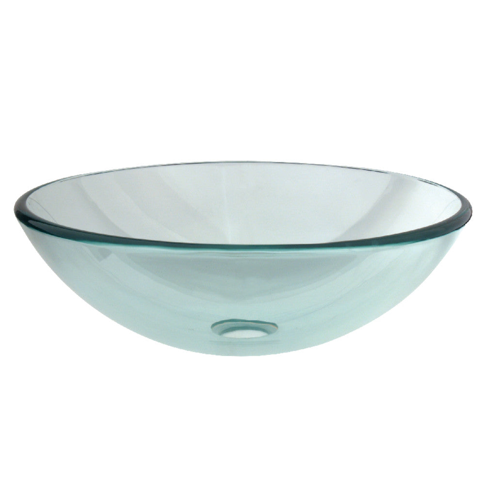 Round tempered glass vessel sink in crystal-clear glass with raised rim and drain hole