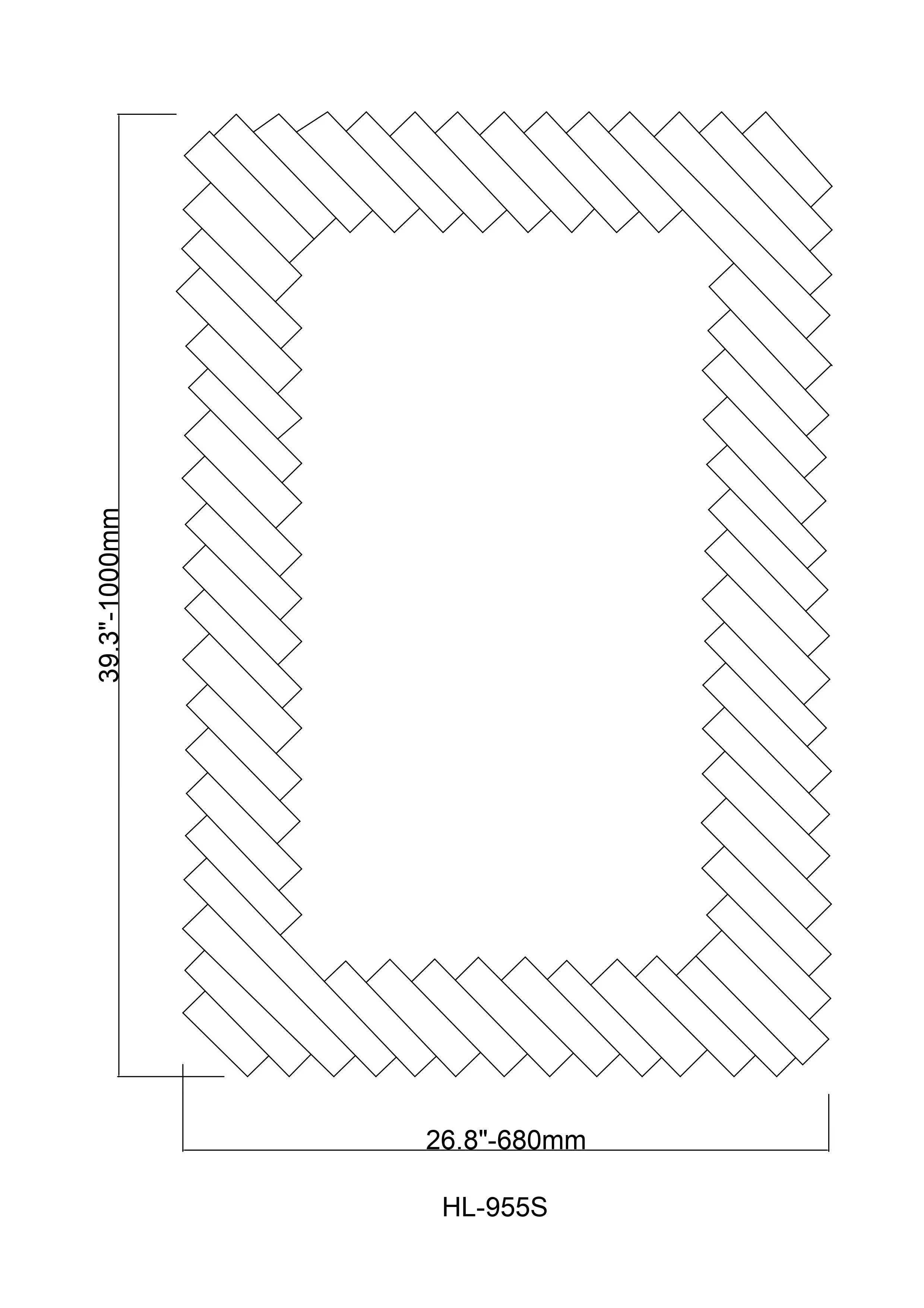 Rectangular mirror outline with silver zigzag frame and labeled dimensions drawing