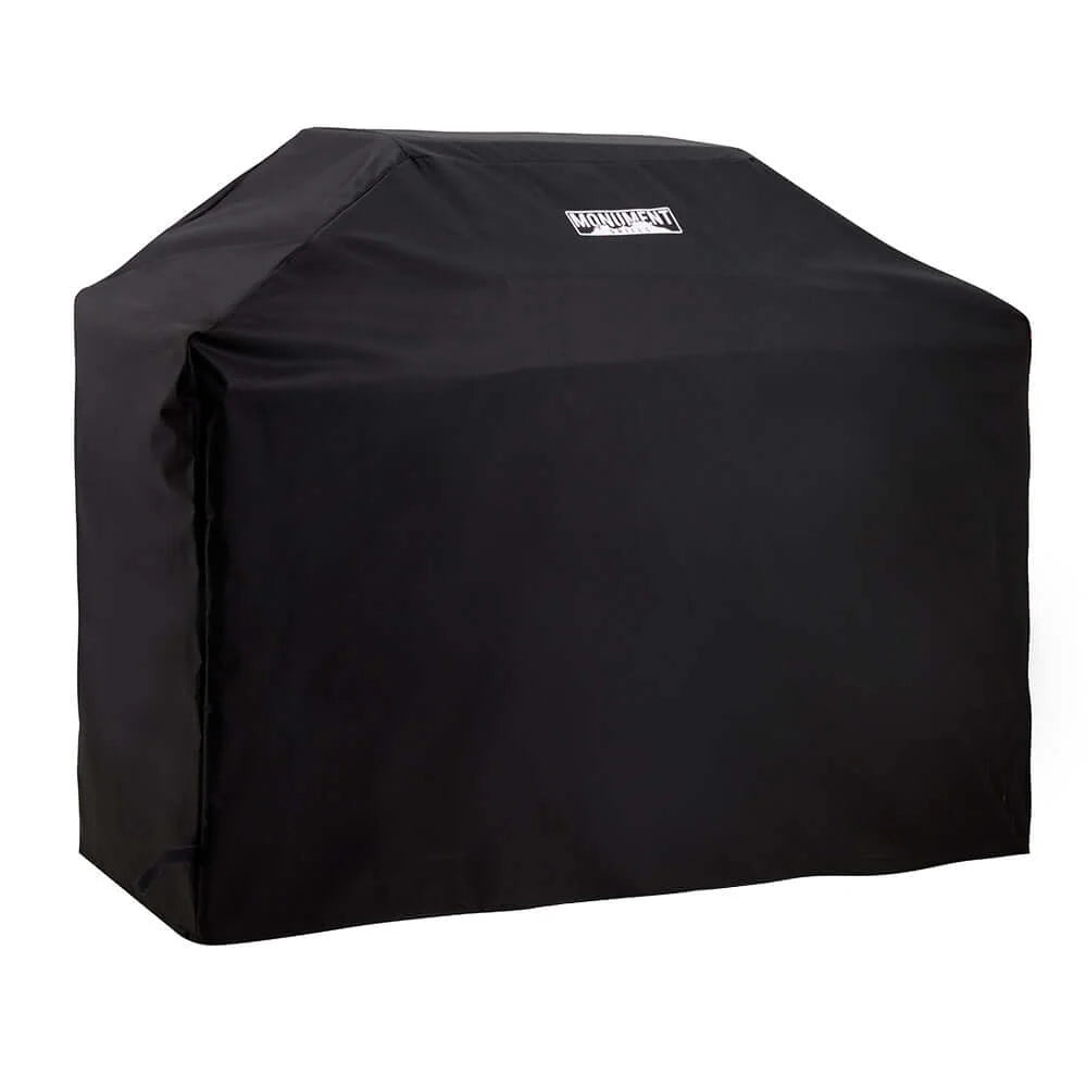 Black 4-burner gas grill cover with logo patch