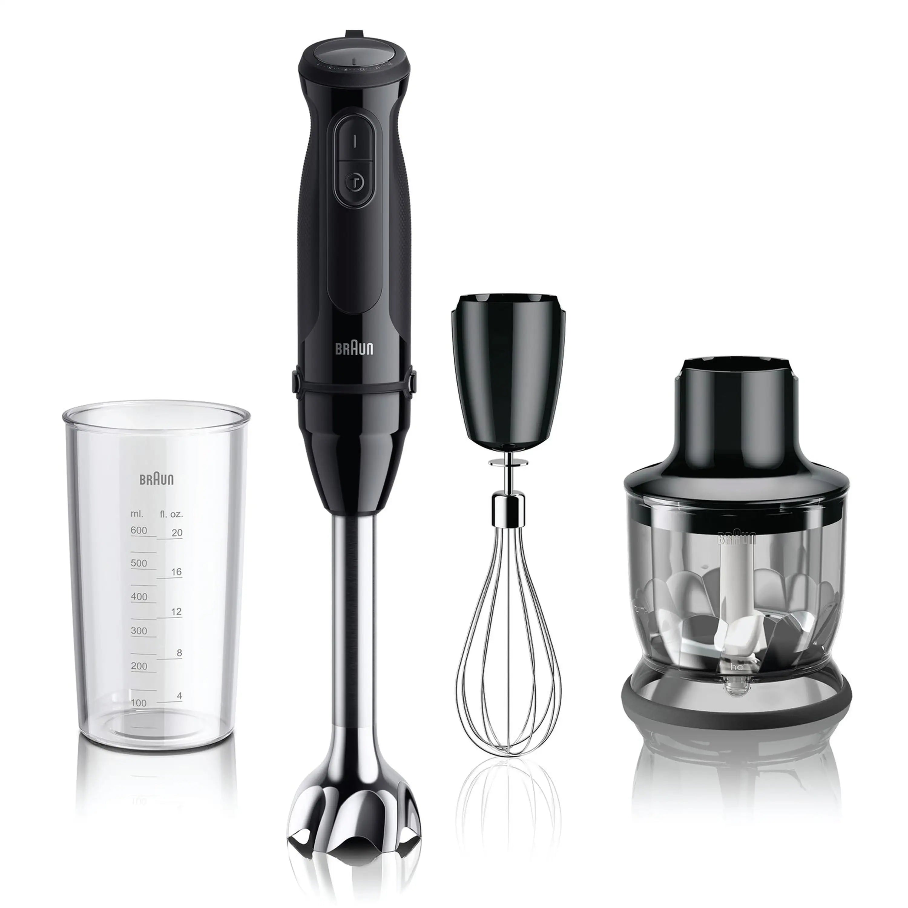 Braun MultiQuick 5 hand blender kit in black with beaker, whisk, and mini chopper