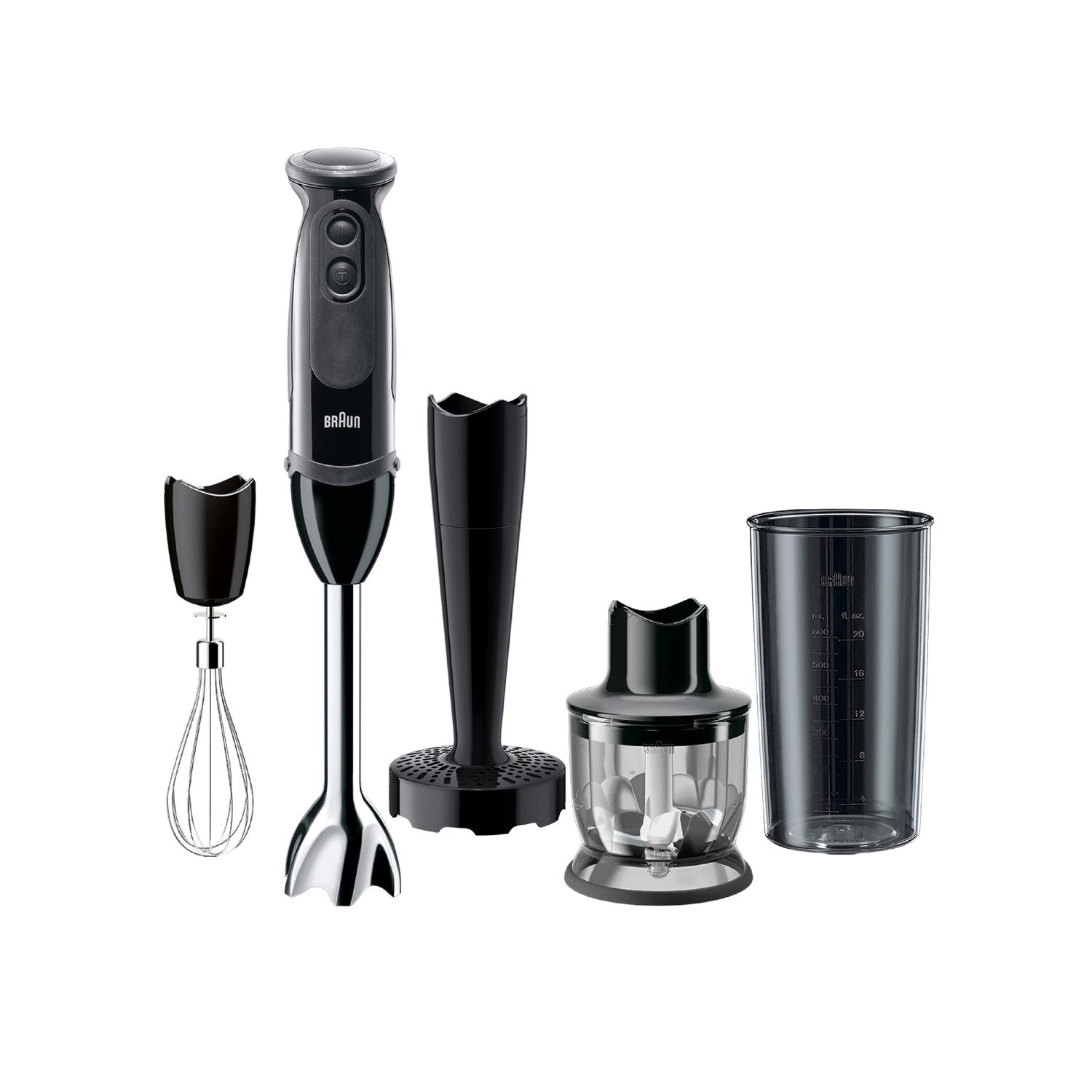 Black hand blender kit with whisk, chopper, masher, and clear beaker