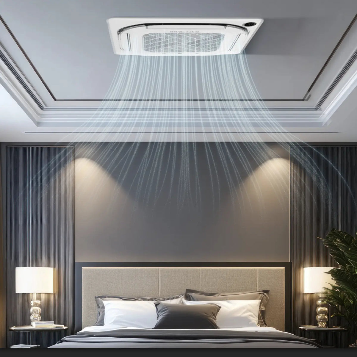 Flush ceiling air handler with front vent grille for airflow