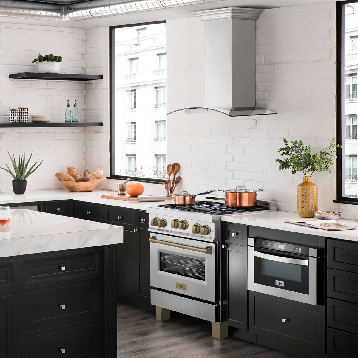 ZLINE Legacy Series Autograph Edition 30-inch Dual Fuel Range with Gas Stove and 4.0 Cu. Ft. Electric Oven in Fingerprint Resistant Satin Stainless Steel with Champagne Bronze Accents in a kitchen