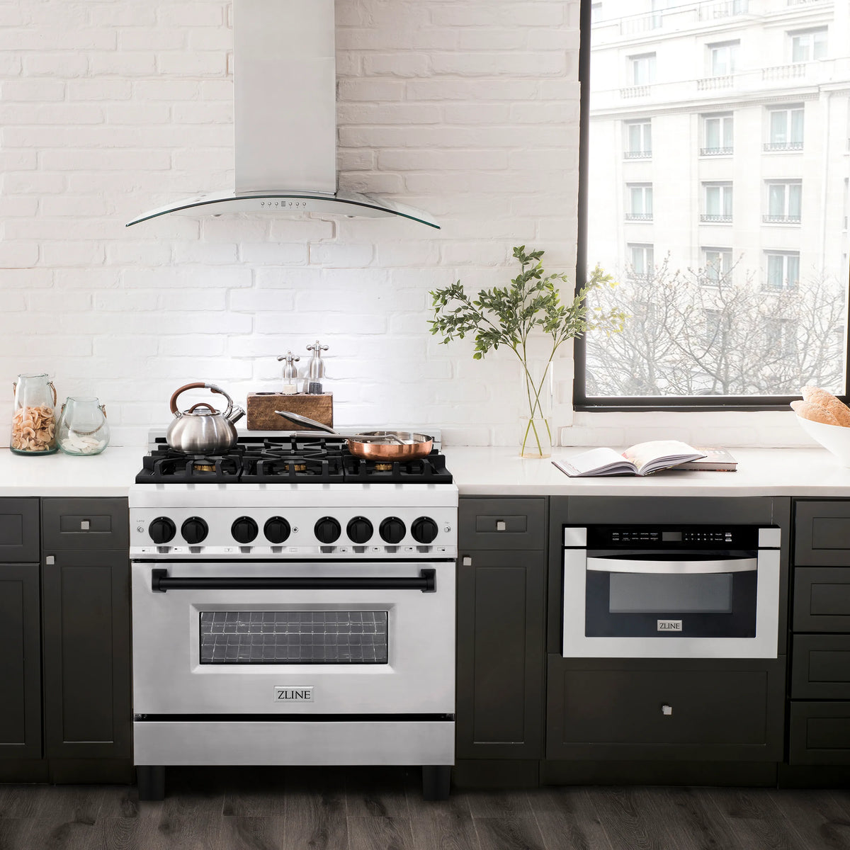 ZLINE Legacy Series Autograph Edition 36-inch Dual Fuel Range with Gas Stove and 4.6 Cu. Ft. Electric Oven in Stainless Steel with Matte Black Accents in a kitchen