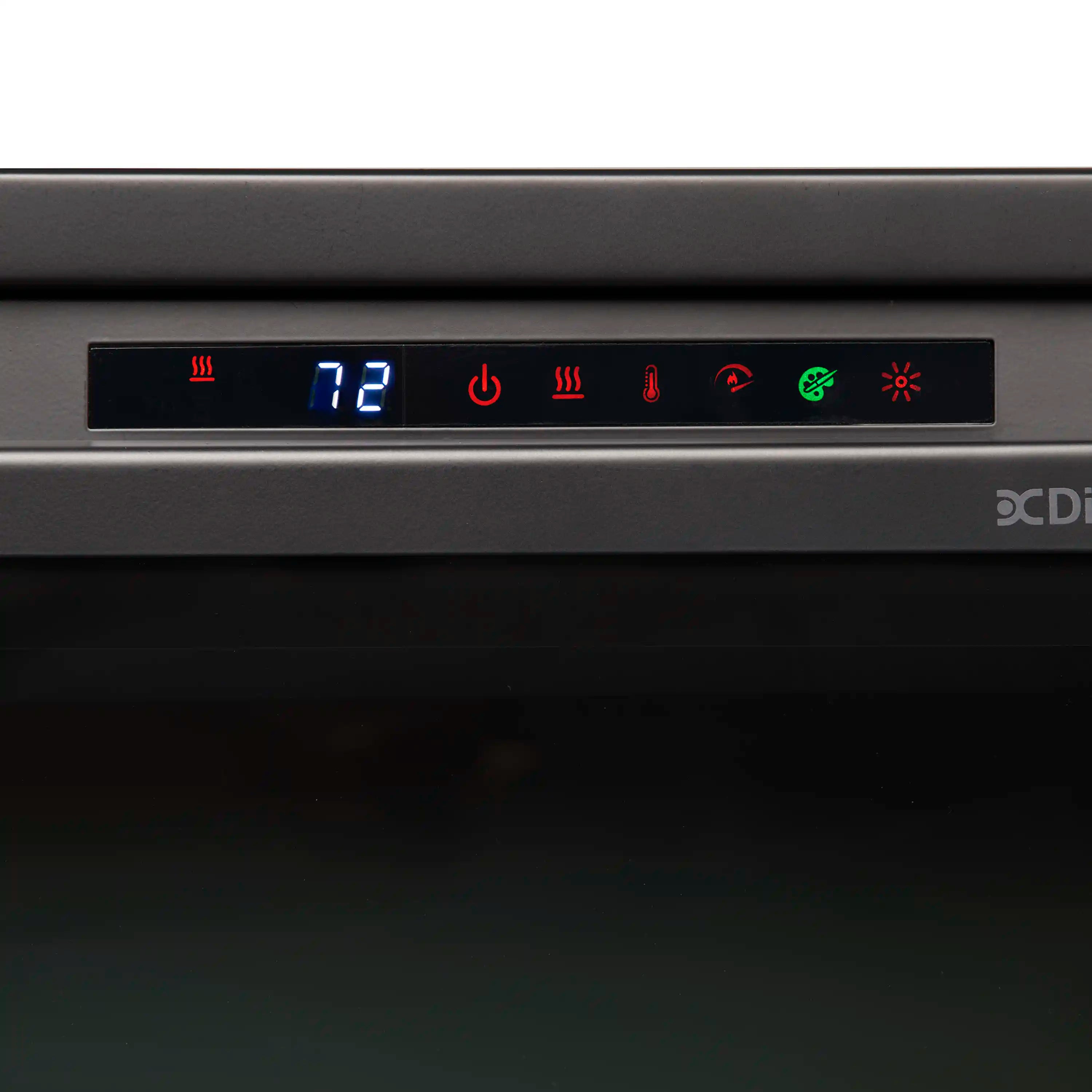 Electric firebox control panel with LED display and glowing function icons