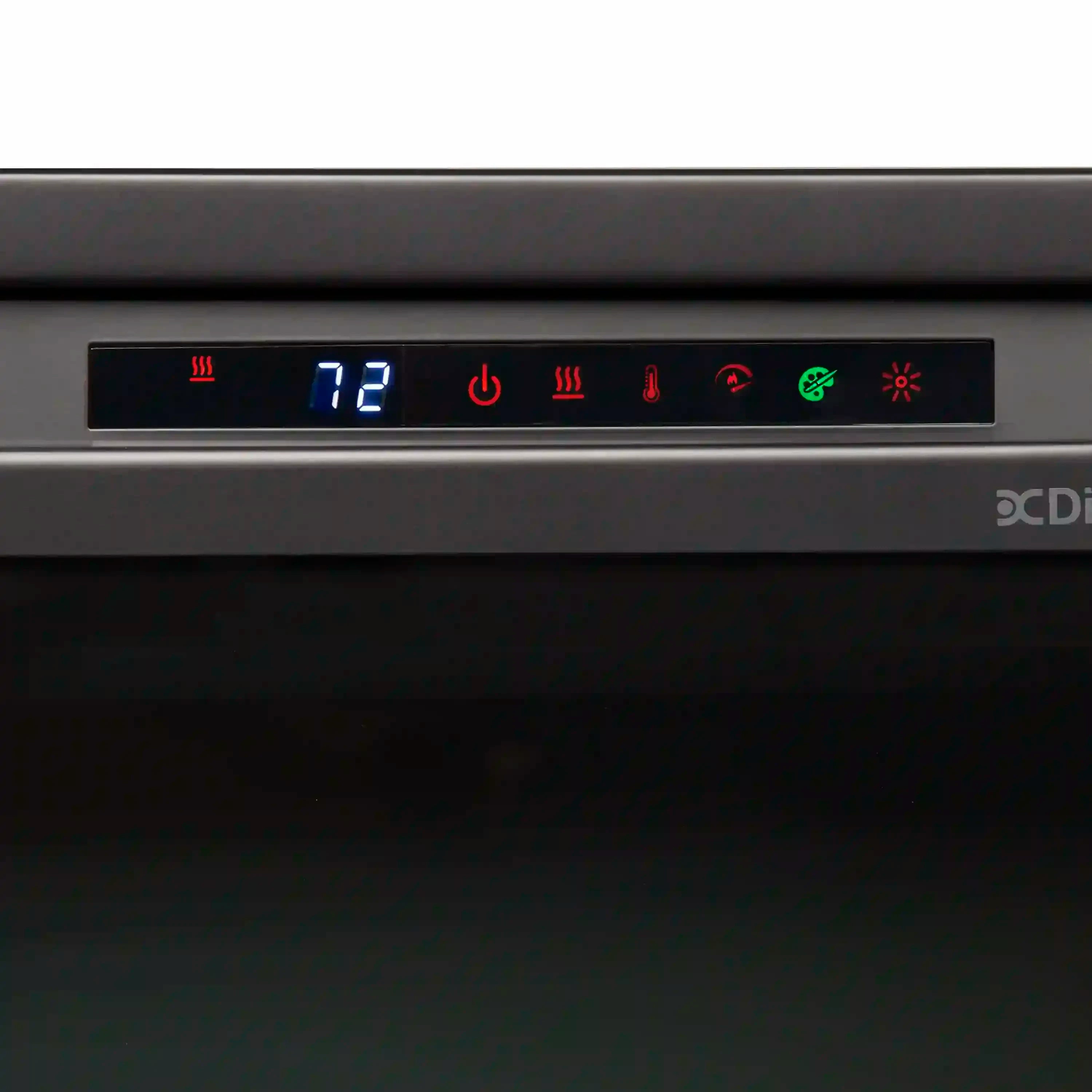 Electric firebox control panel showing 12° temperature and colored icon buttons