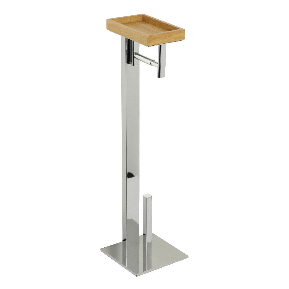 Freestanding toilet paper holder with polished chrome base and wood storage shelf