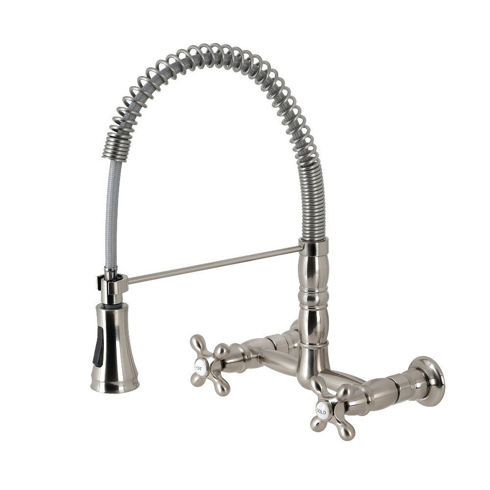 Brushed nickel wall-mount pre-rinse faucet with dual handles and arched spray hose