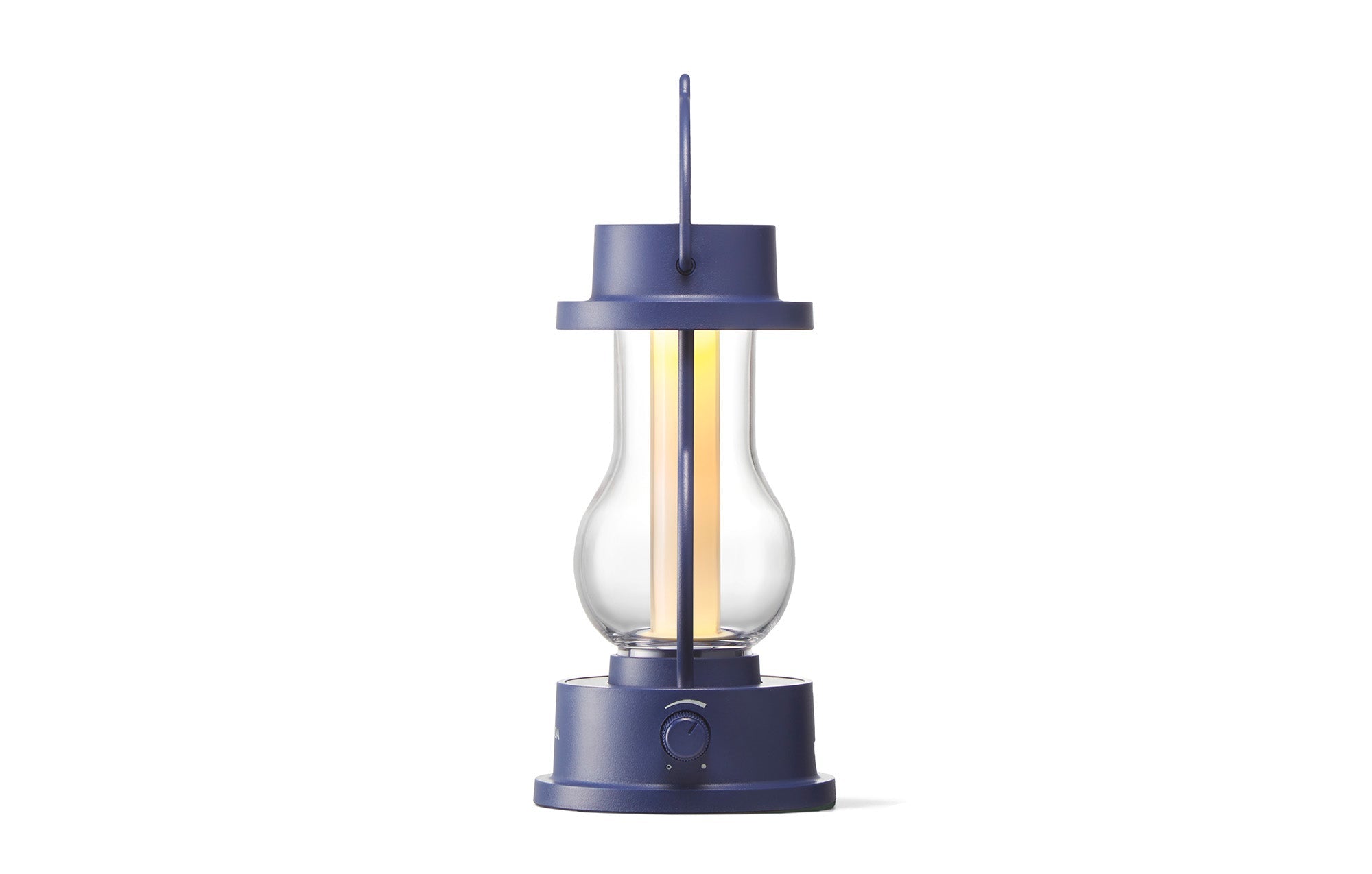 Navy LED rechargeable lantern with clear glass body and top hook