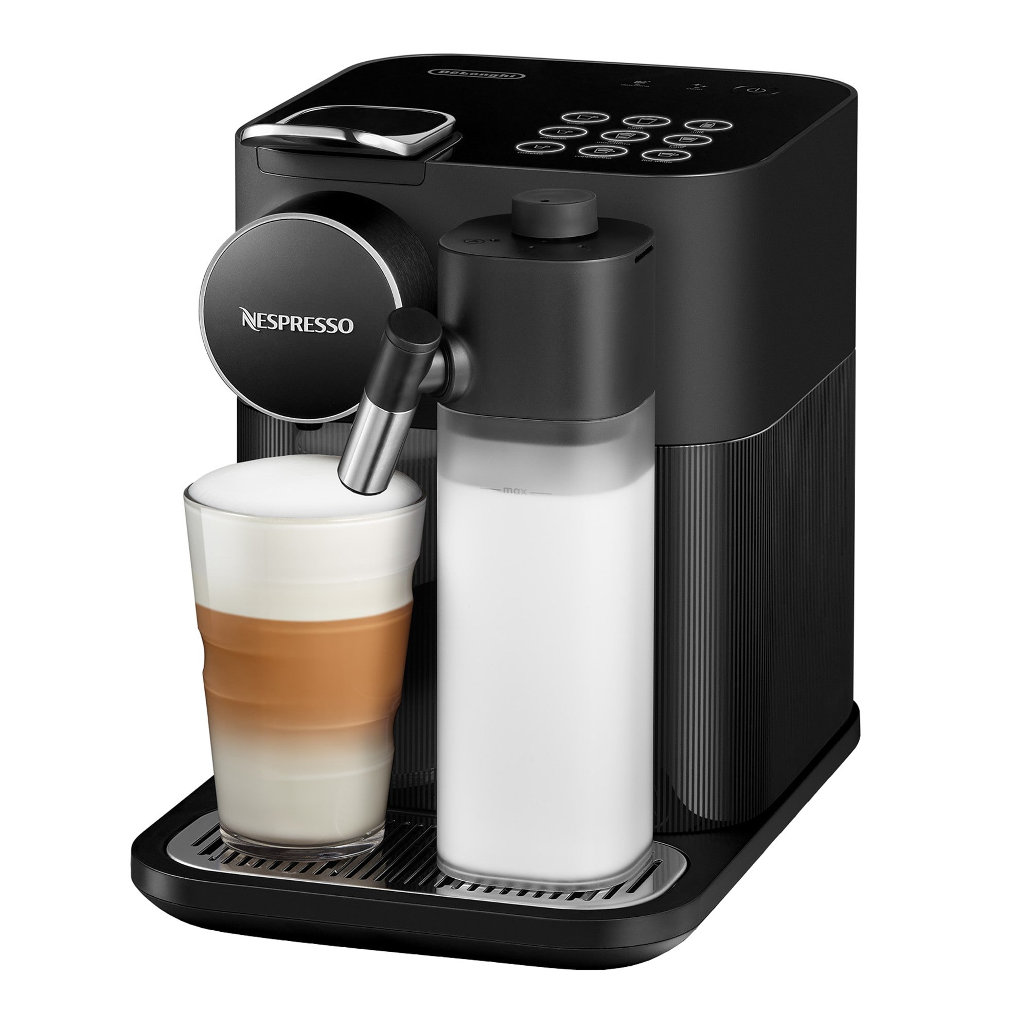 Black espresso machine with frothing wand, mug, and milk container on drip tray