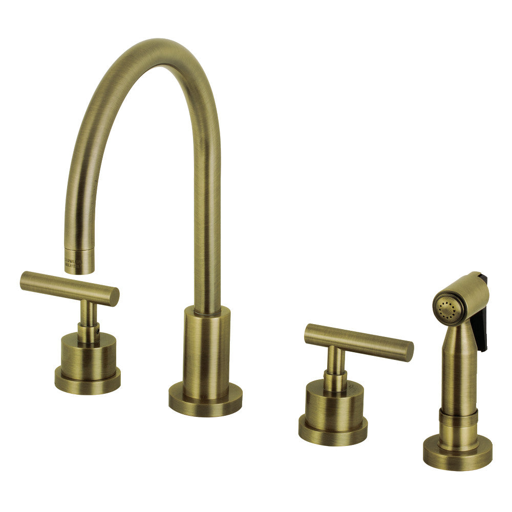 Antique brass widespread kitchen faucet with two handles and brass spray wand