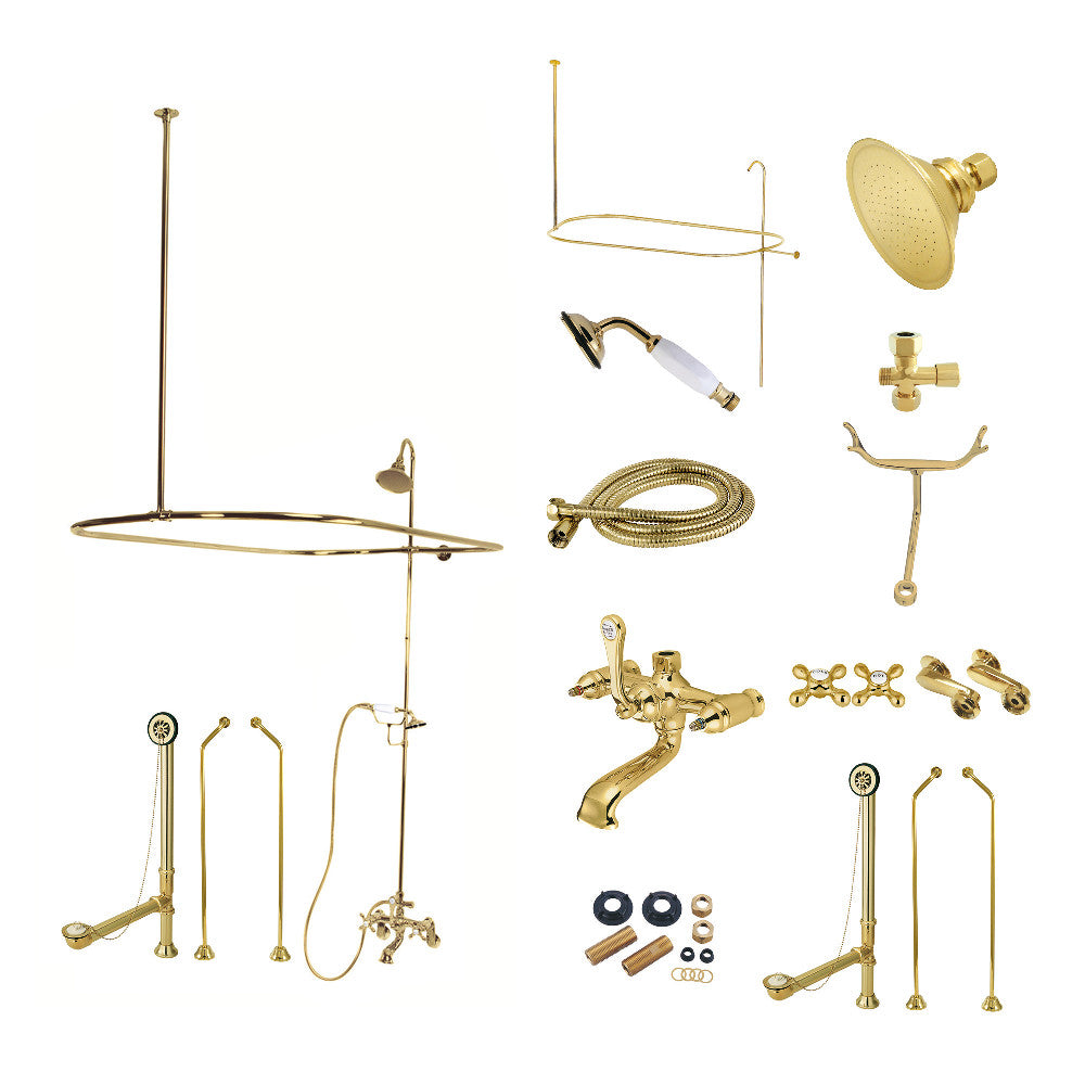 Vintage wall-mount clawfoot tub faucet set, polished brass, includes hand shower and shower parts