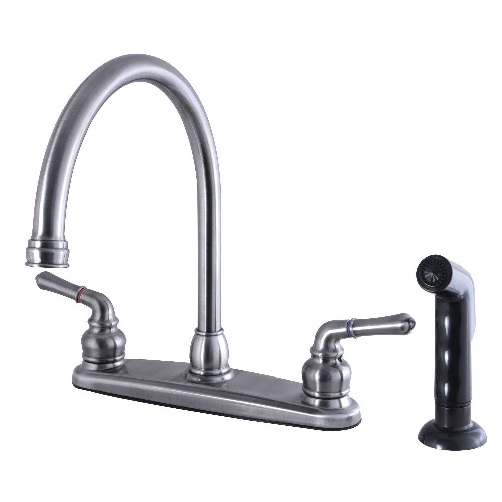 Black stainless kitchen faucet with double handles, tall arched spout, side sprayer