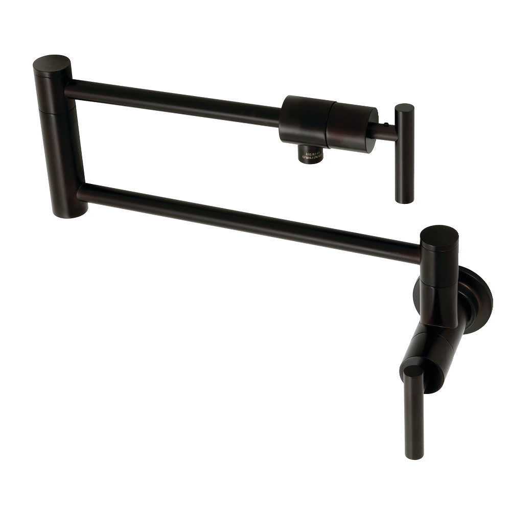 Wall-mount pot filler faucet, oil-rubbed bronze, with long spout and handles