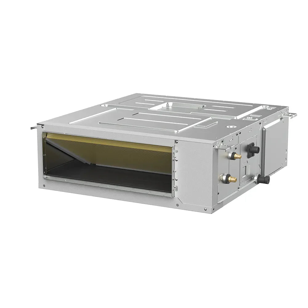 Ducted air handler with top louvers and service ports, gray housing