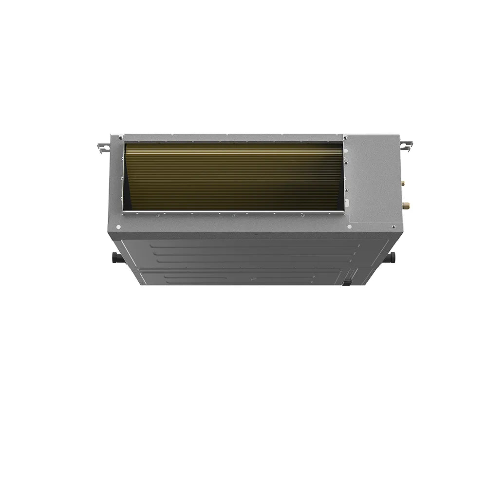 Ducted mini-split air handler indoor unit open grille showing copper coil, grey housing.