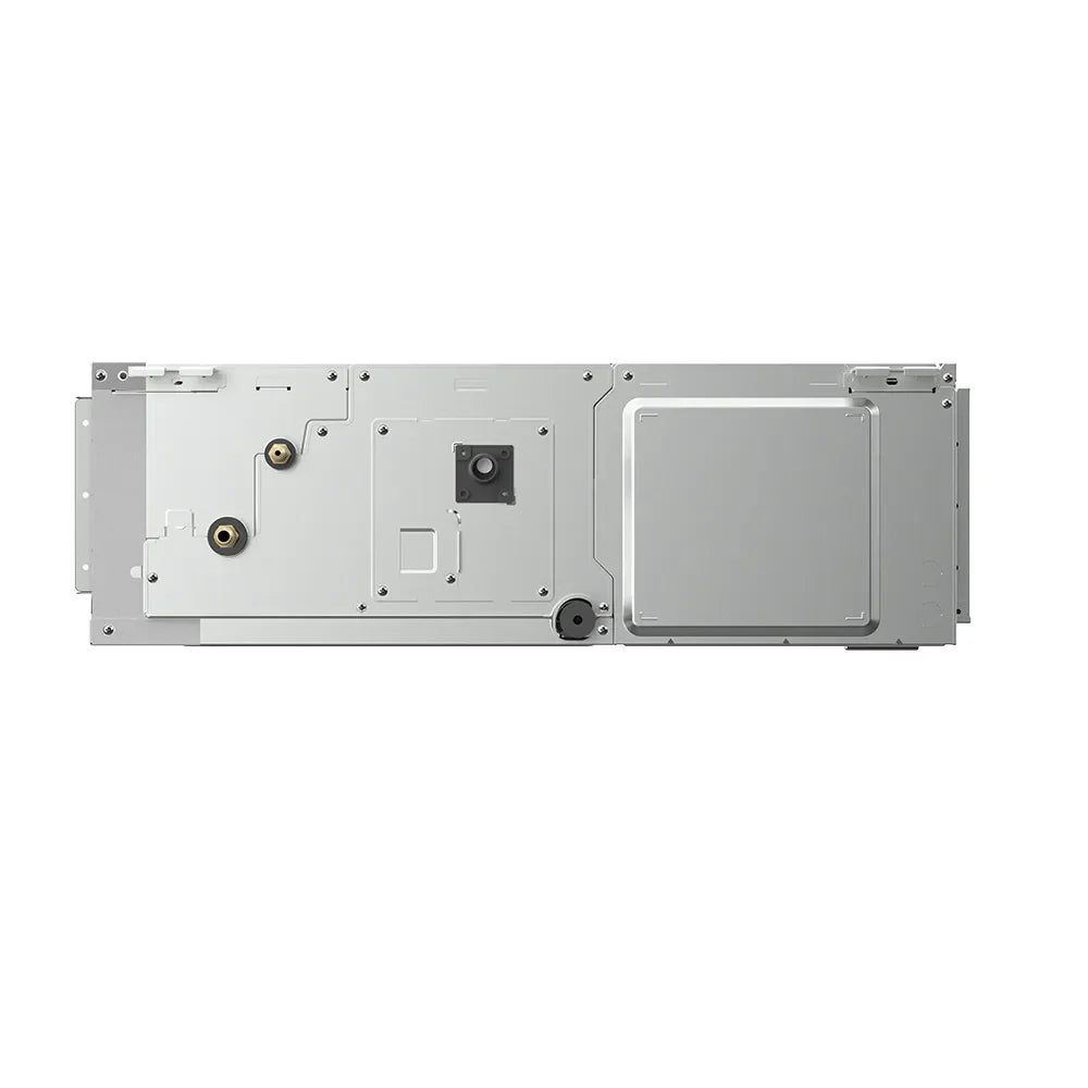 White ducted mini split air handler unit, front access panel and side ports visible