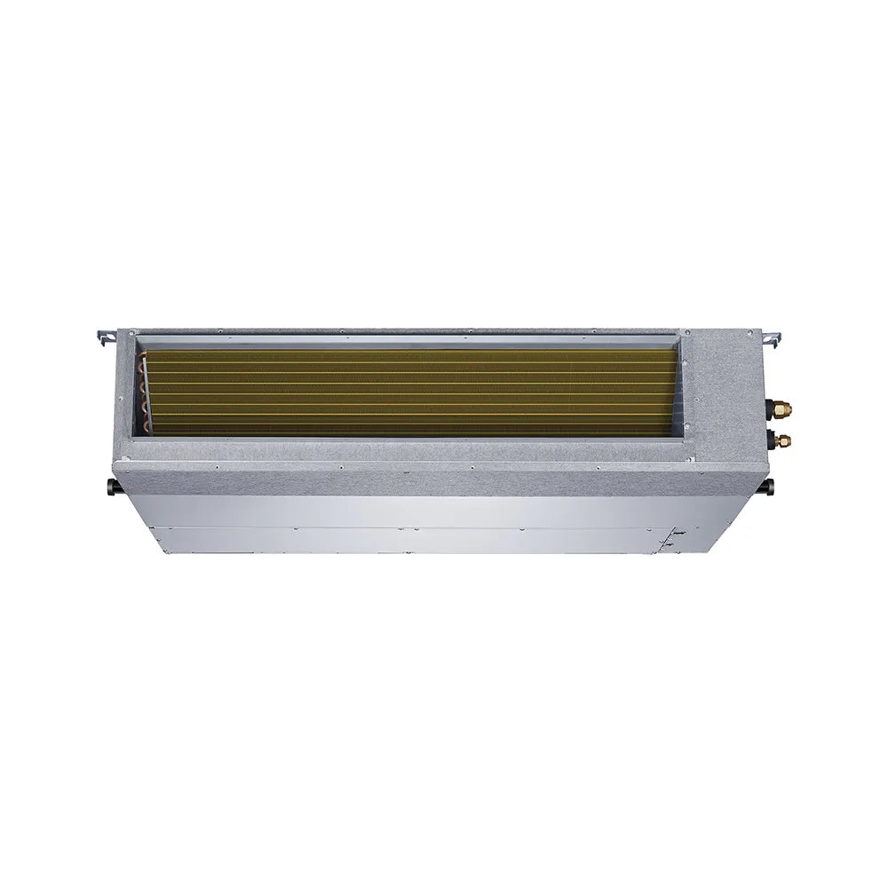 Ducted mini-split air handler front view with yellow vent coil inside gray casing