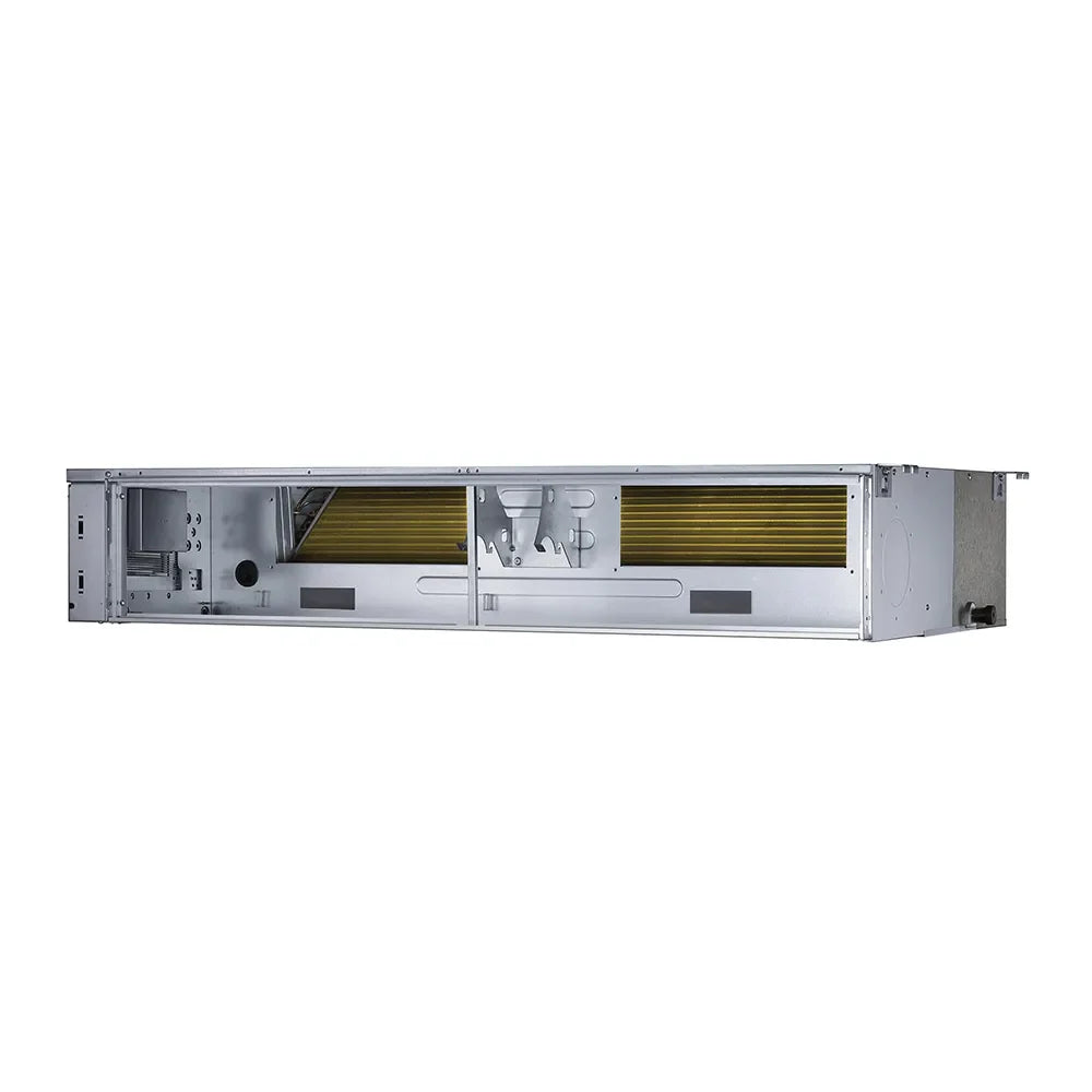 MRCOOL ducted air handler open interior view with gold fin coil, gray chassis.