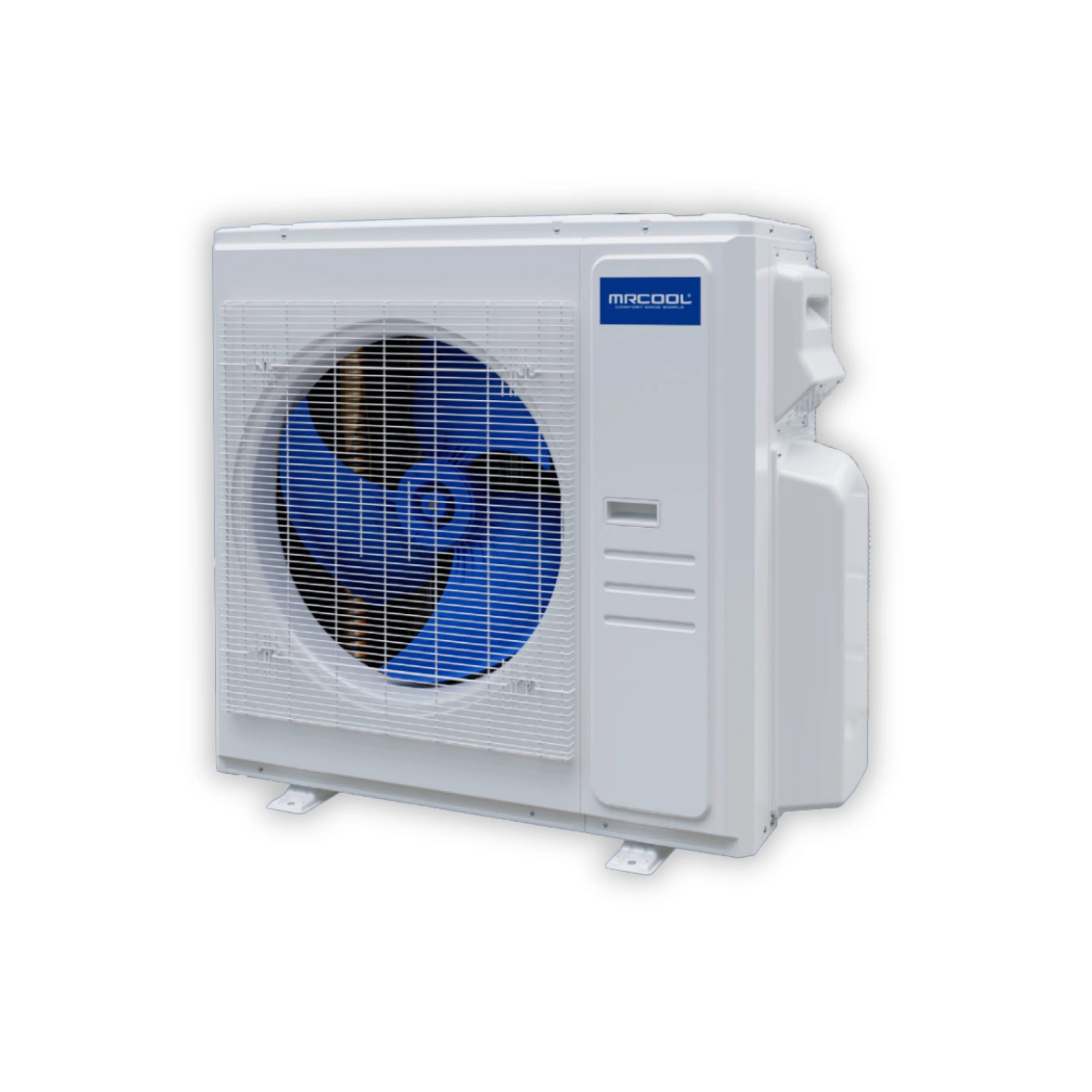 White MRCOOL mini-split outdoor condenser unit with fan grille and control panel