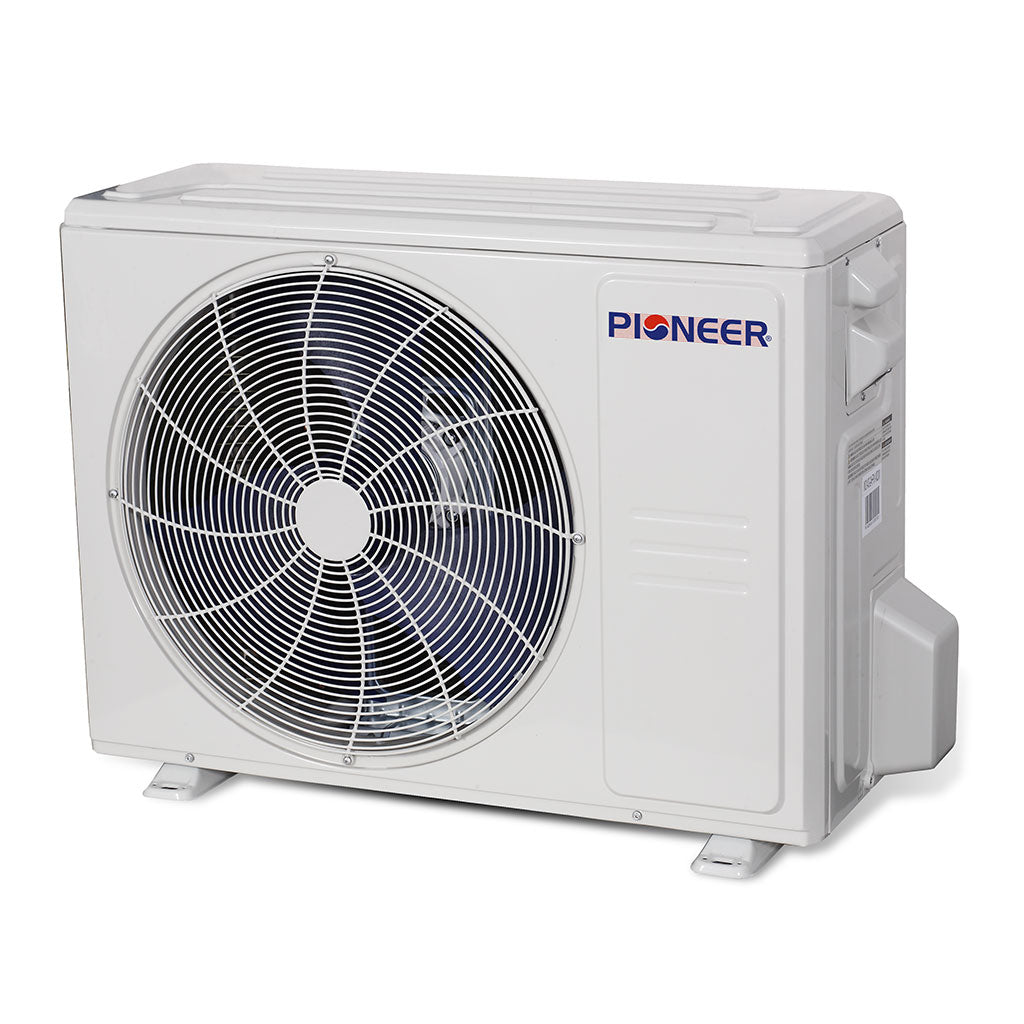 White outdoor condenser for ductless mini-split air conditioner with circular fan grille