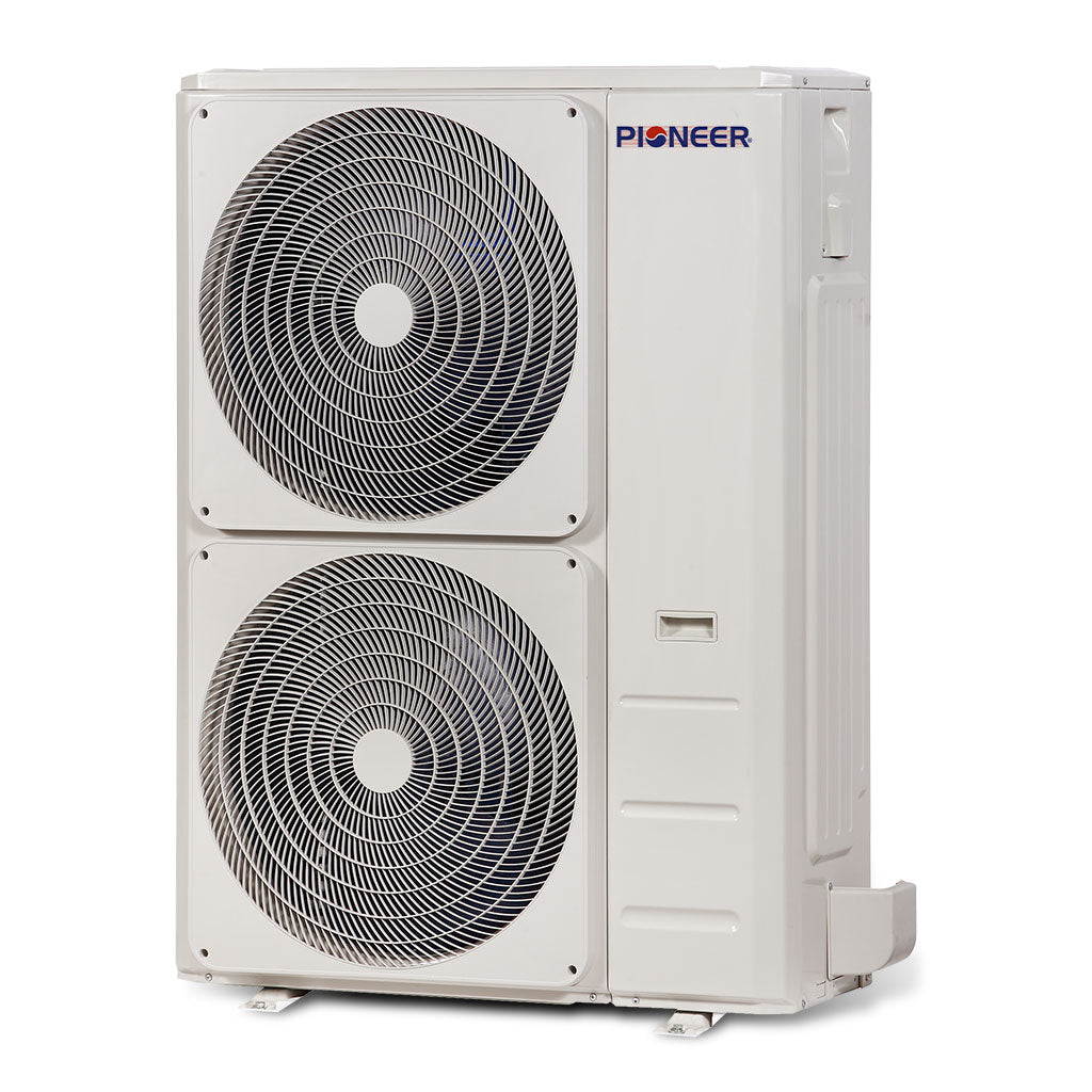 Outdoor air conditioning condenser unit with two fan circular grilles and Pioneer logo