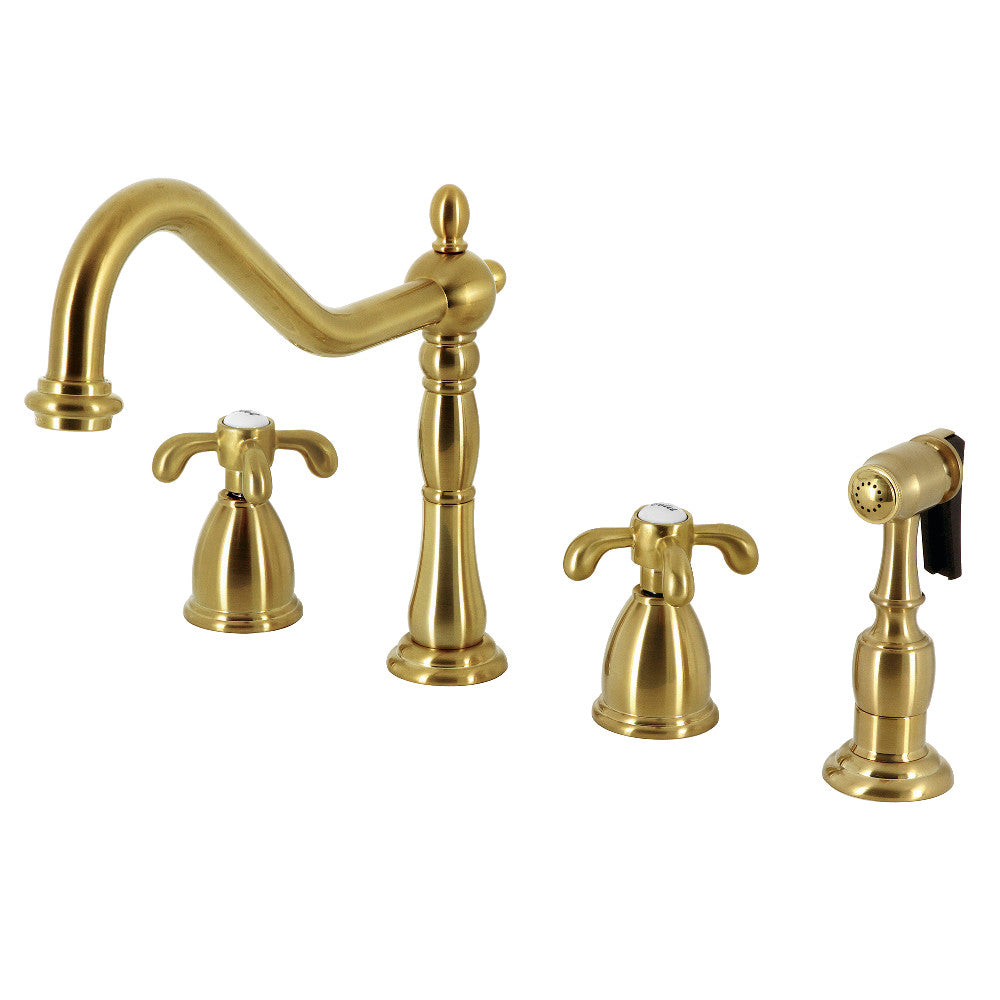 Brushed brass widespread kitchen faucet with double handles and brass sprayer