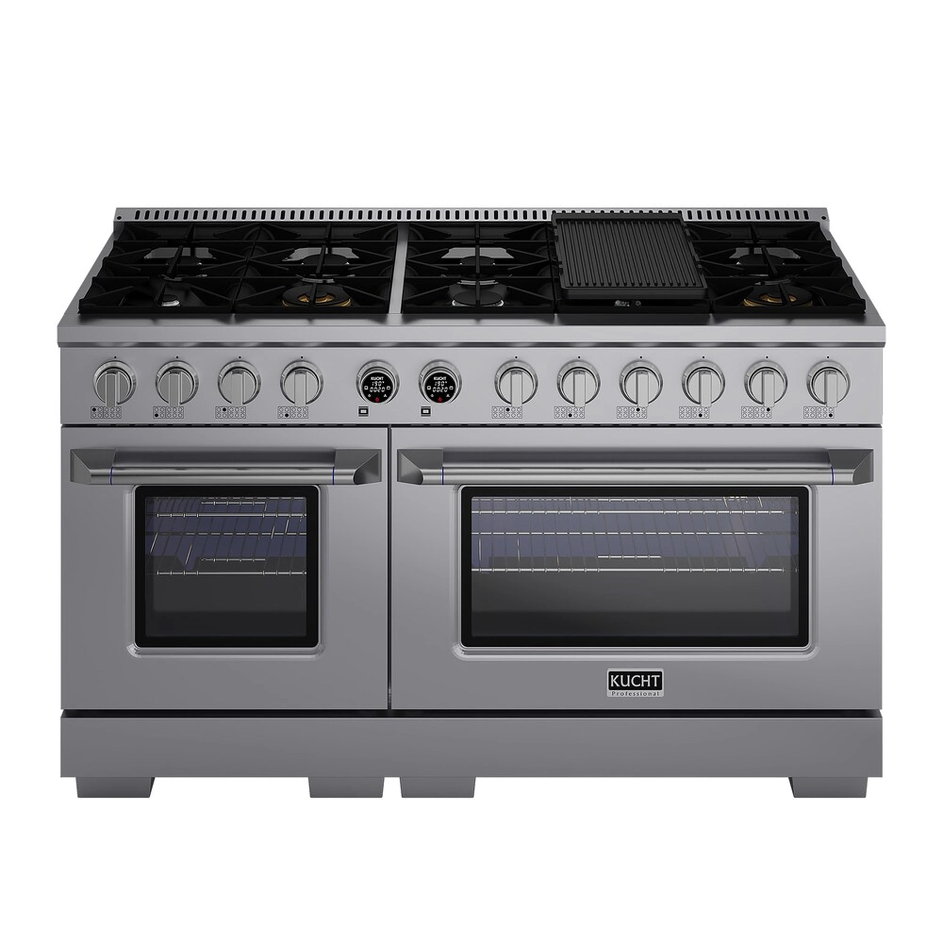 Stainless dual-fuel range with two ovens and 8 gas burners, black burner grates