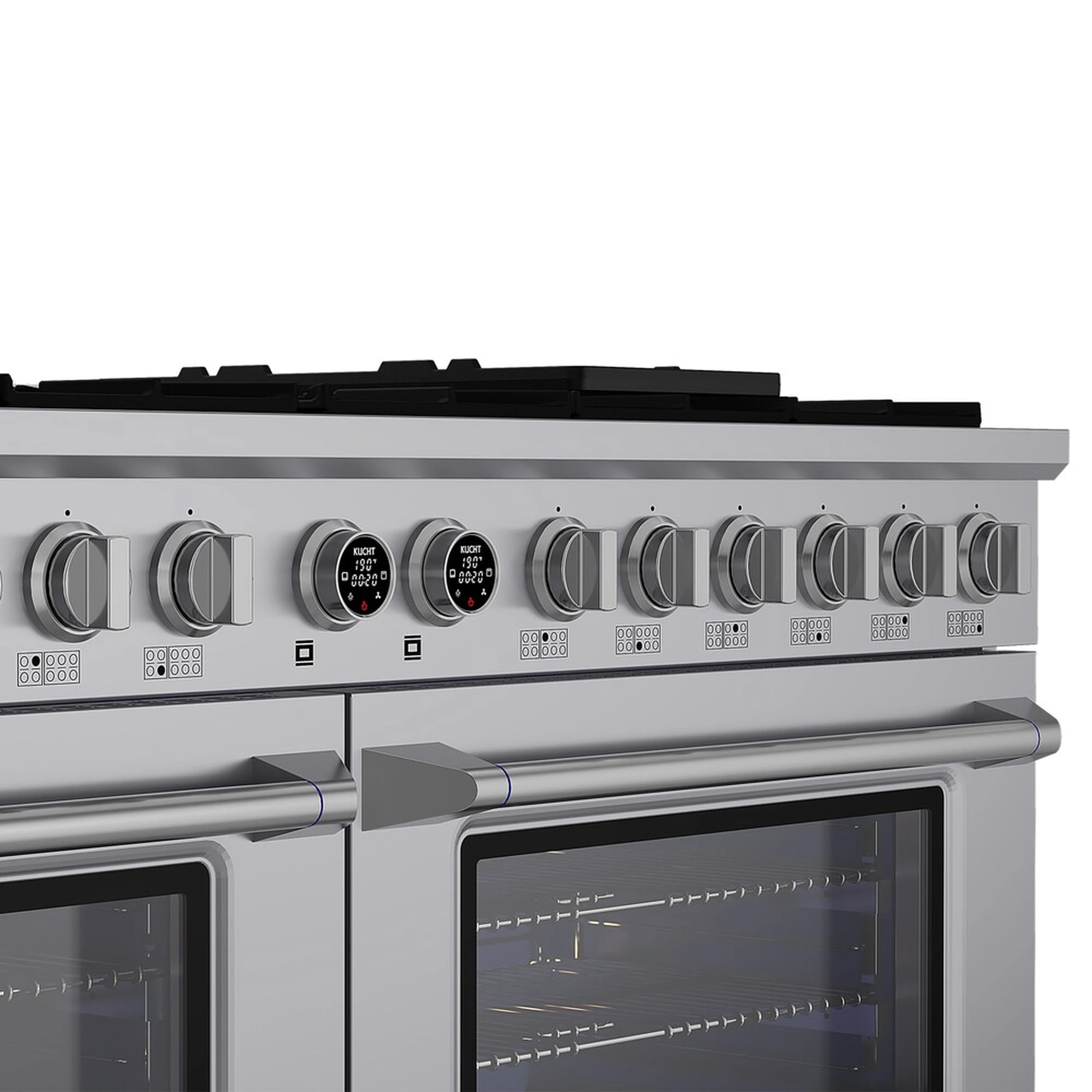 Stainless dual-fuel range control panel with burner knobs above two oven doors