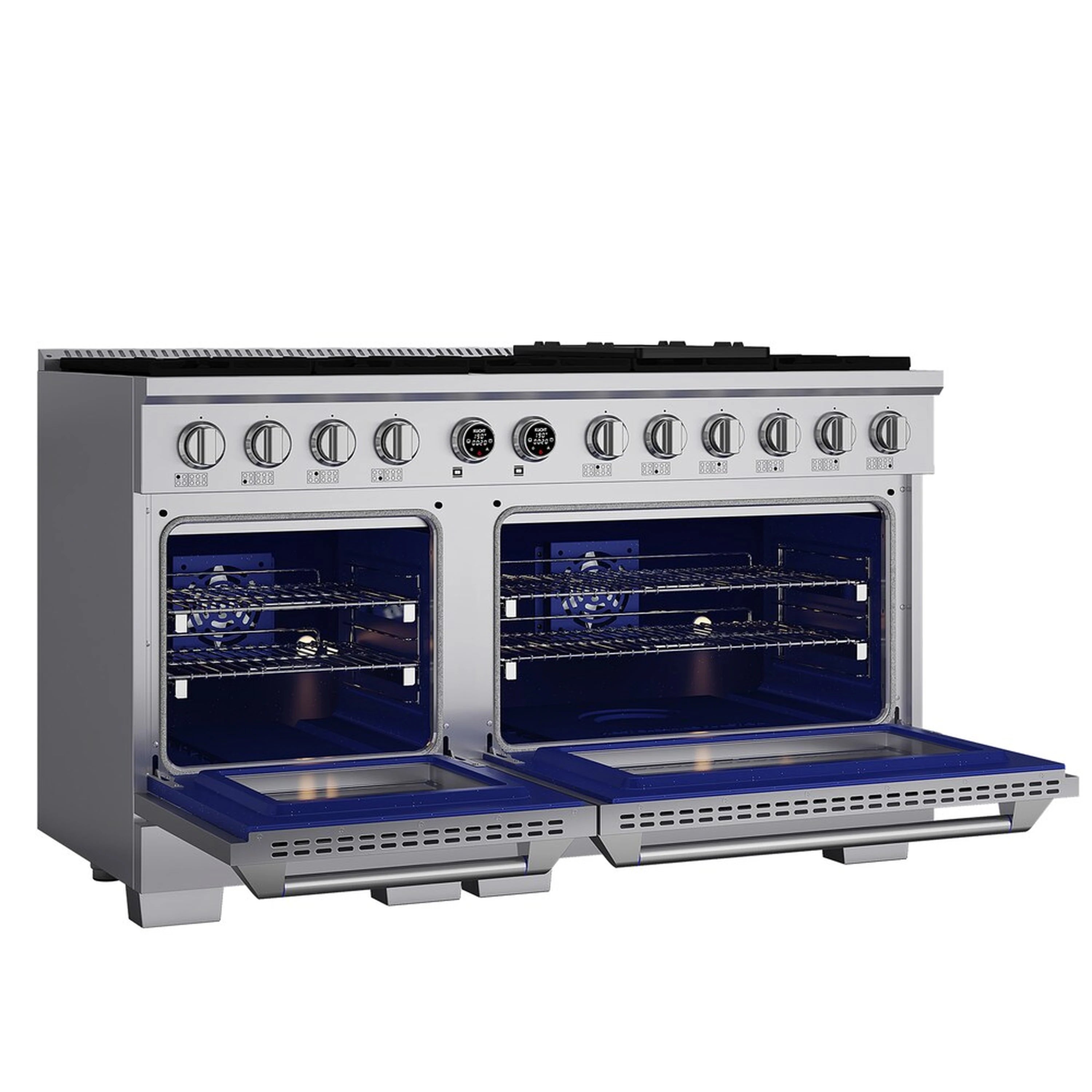 Stainless dual-fuel range with both oven doors open and blue interior lighting