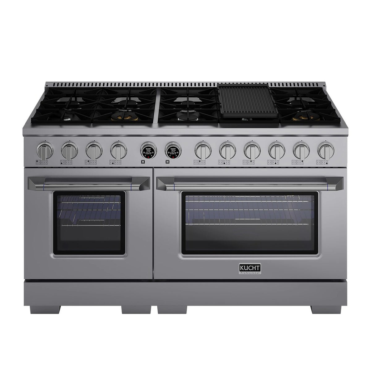 Stainless steel dual fuel range with two oven doors and top grates over burner cooktop