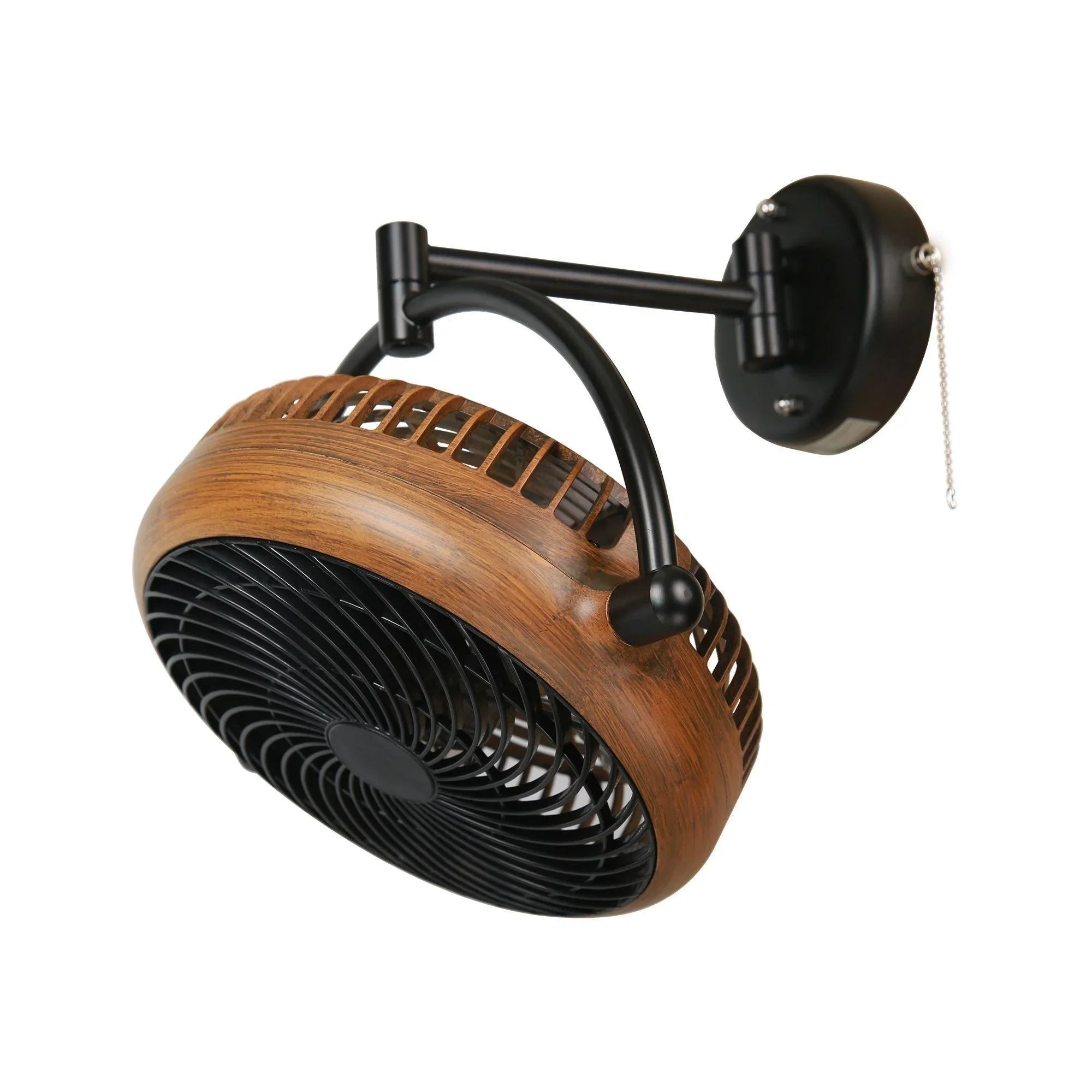 Brown wood-look industrial ceiling fan with black metal grille and pull chain