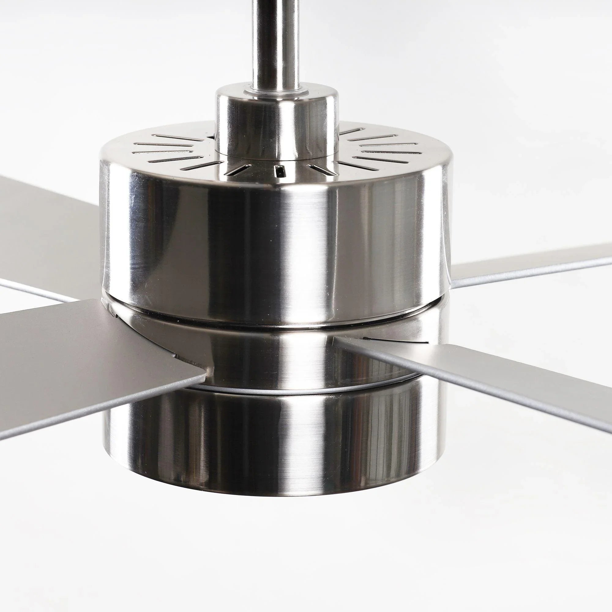 Chrome ceiling fan motor housing with 5-blade rotor and central LED light