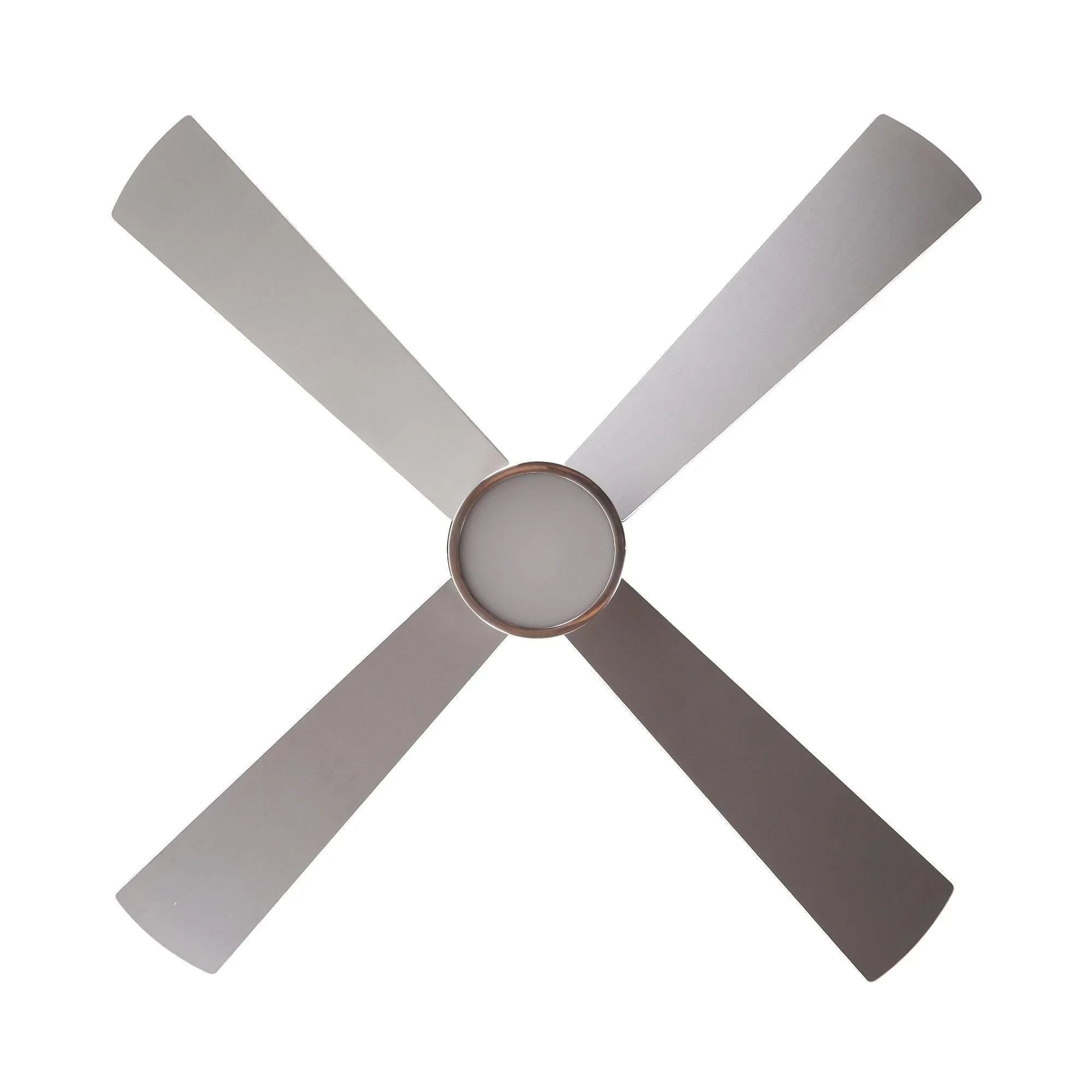 Metal ceiling fan blade set with central hub cap in light gray finish