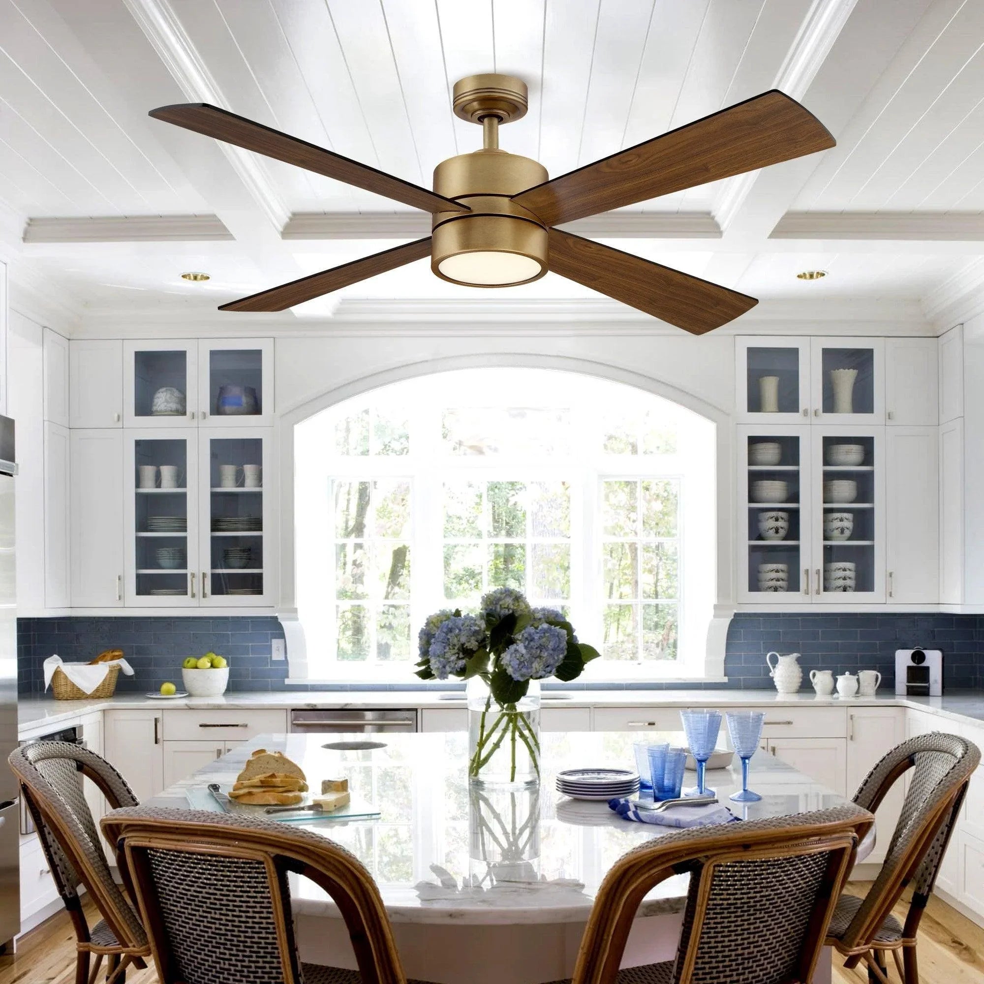 Brown wood-style ceiling fan with 5 blades and frosted LED light housing