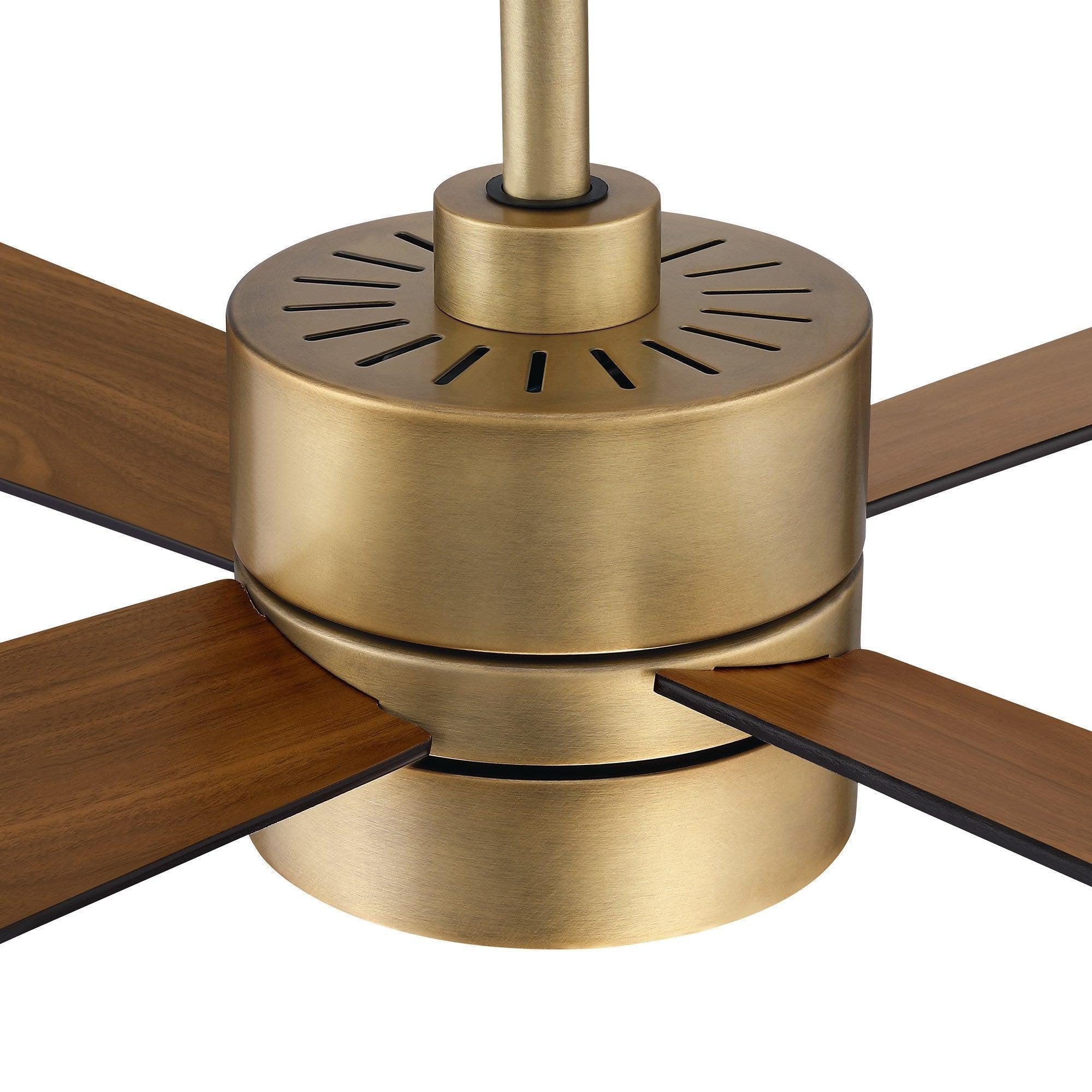 Bronze ceiling fan motor cap with vented top and five blades around LED