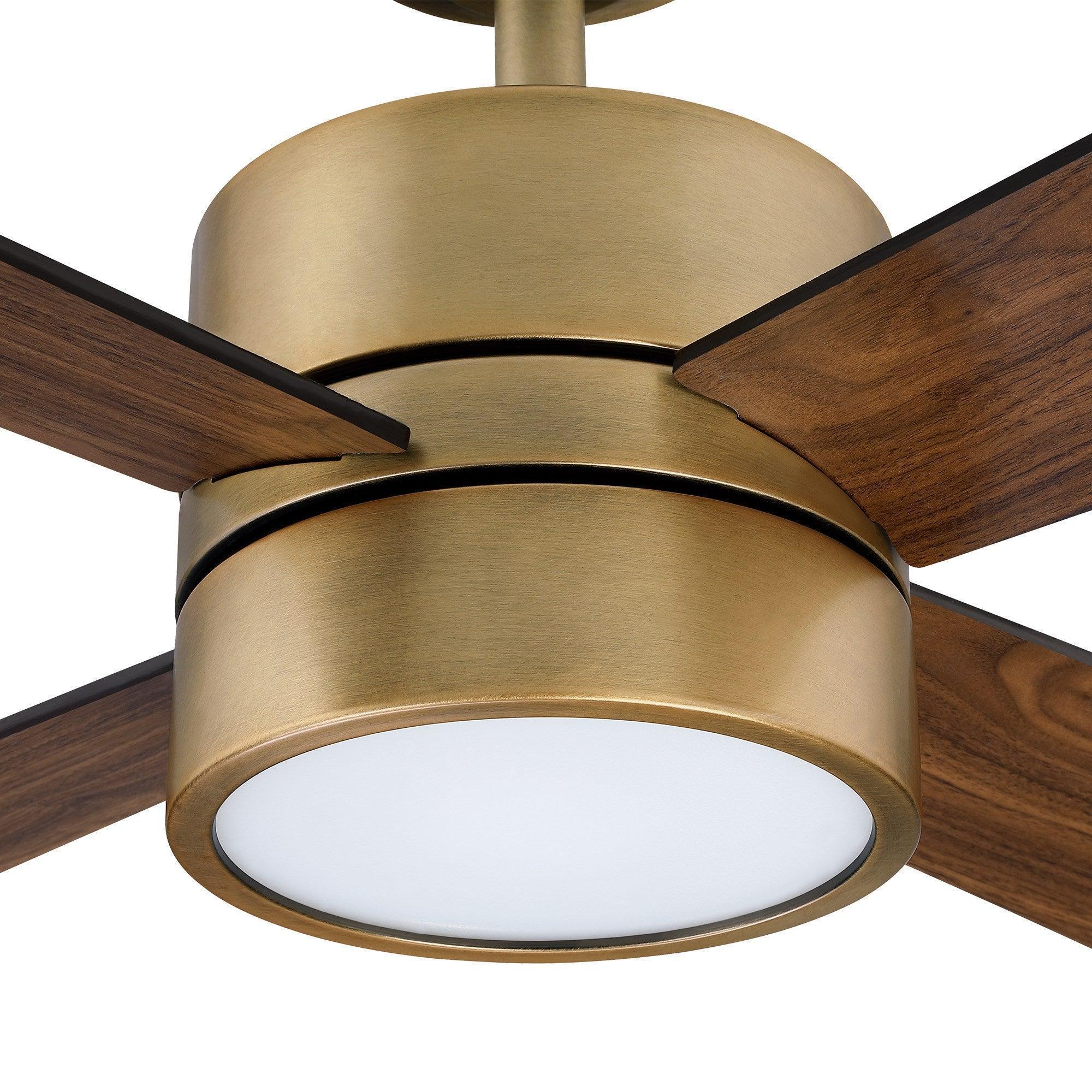52-inch industrial ceiling fan with dark wood blades and brushed gold LED light