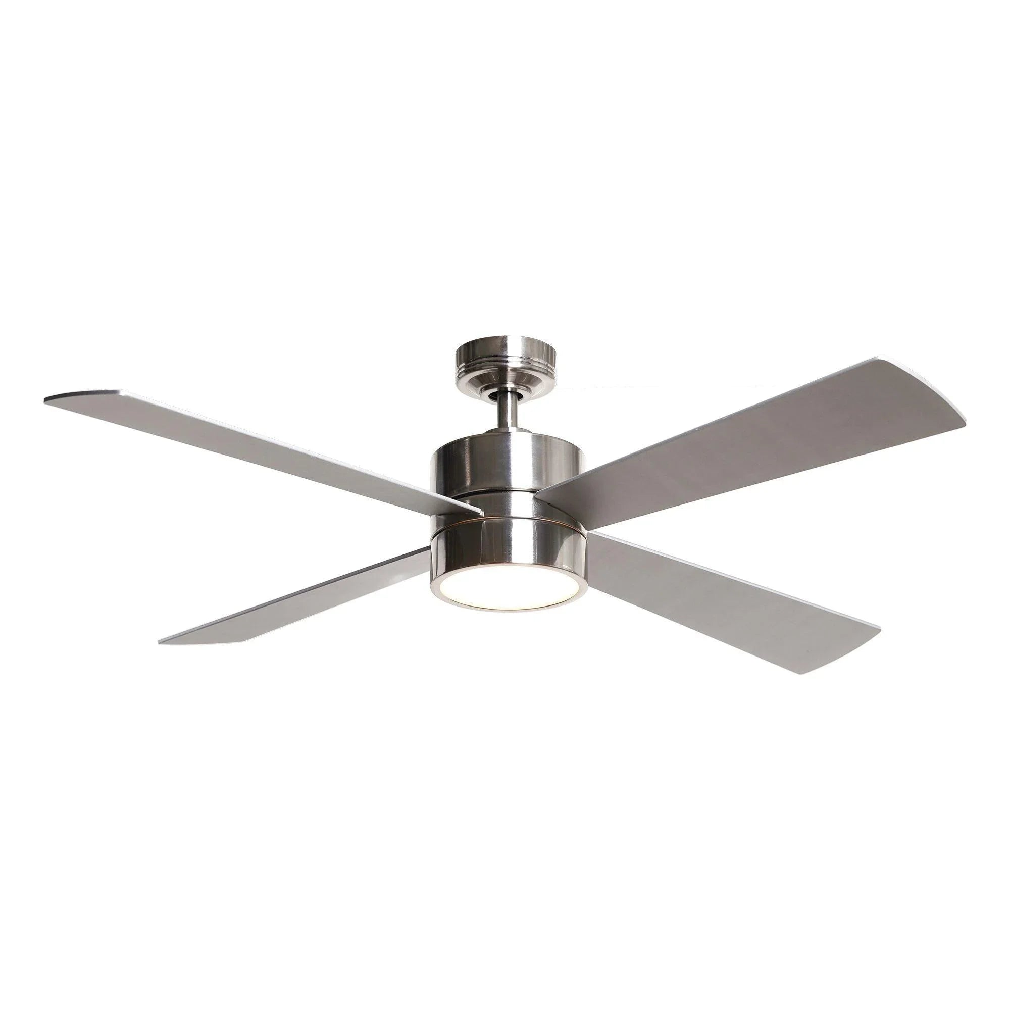 Chrome industrial ceiling fan with 5 gray blades and enclosed LED light