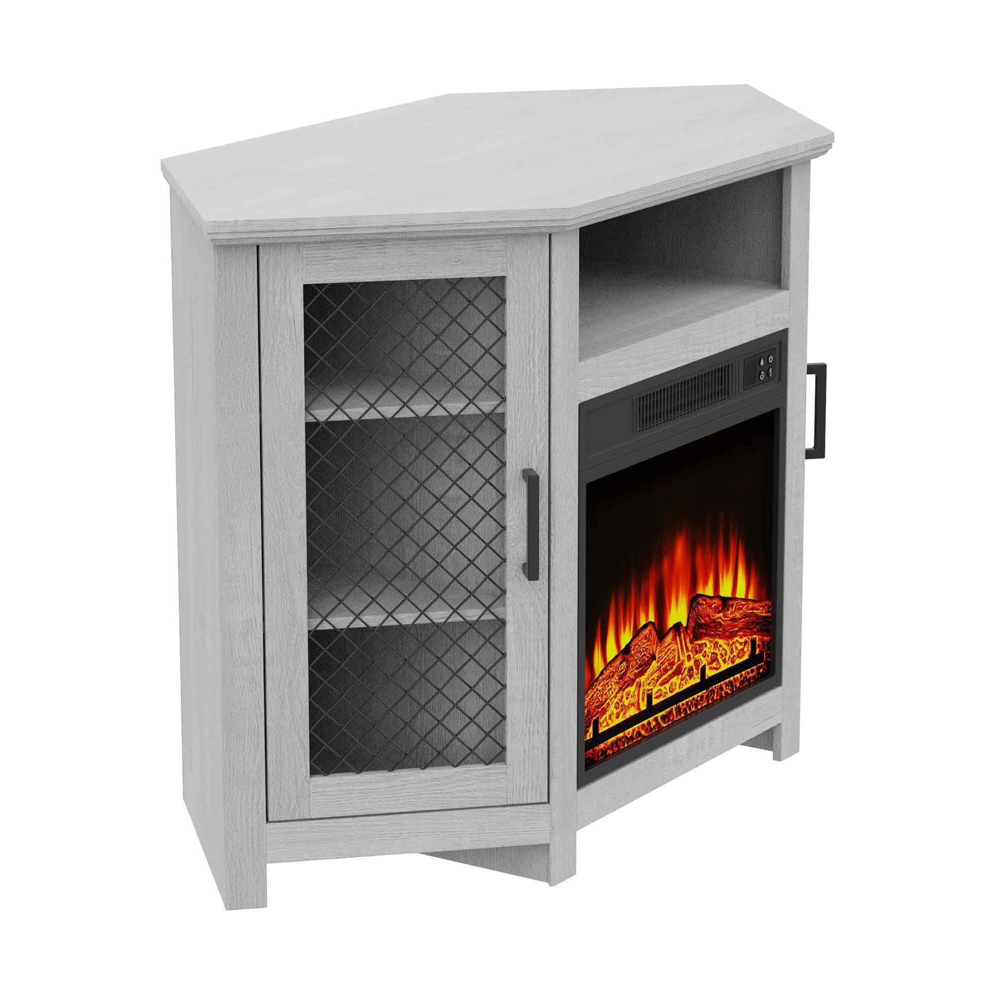 Light grey electric fireplace TV console with open shelf, mesh doors, and flame insert