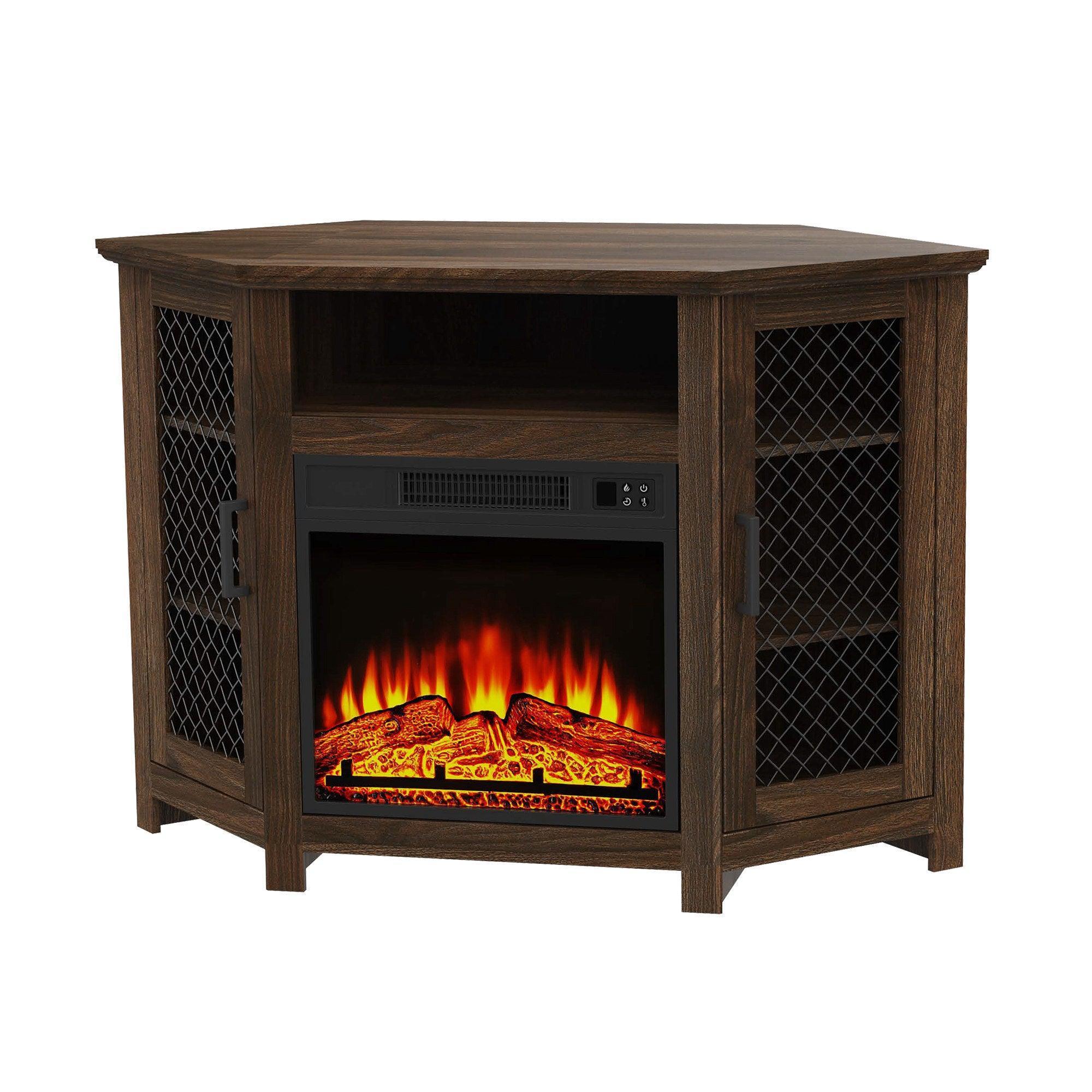 Dark brown electric fireplace console table with mesh doors and firebox flame insert