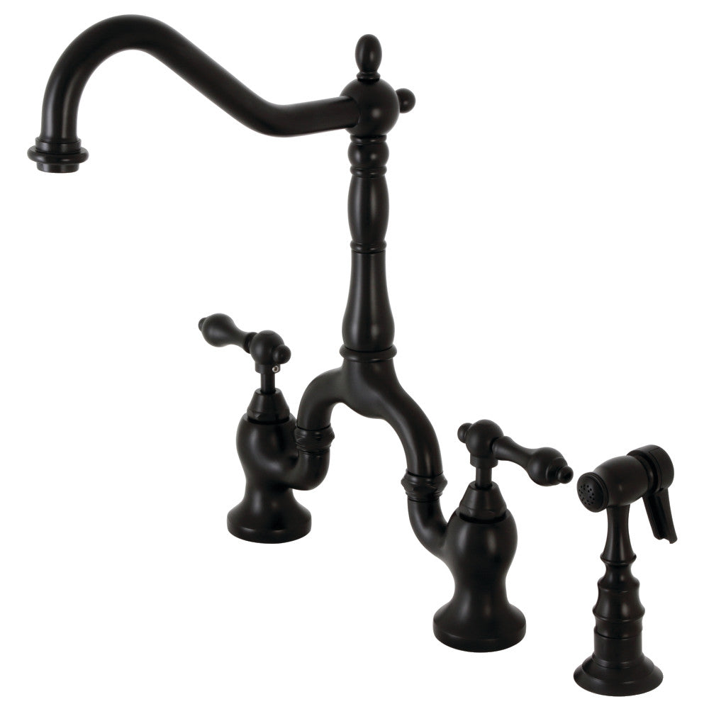 Matte black bridge kitchen faucet with two handles and side sprayer